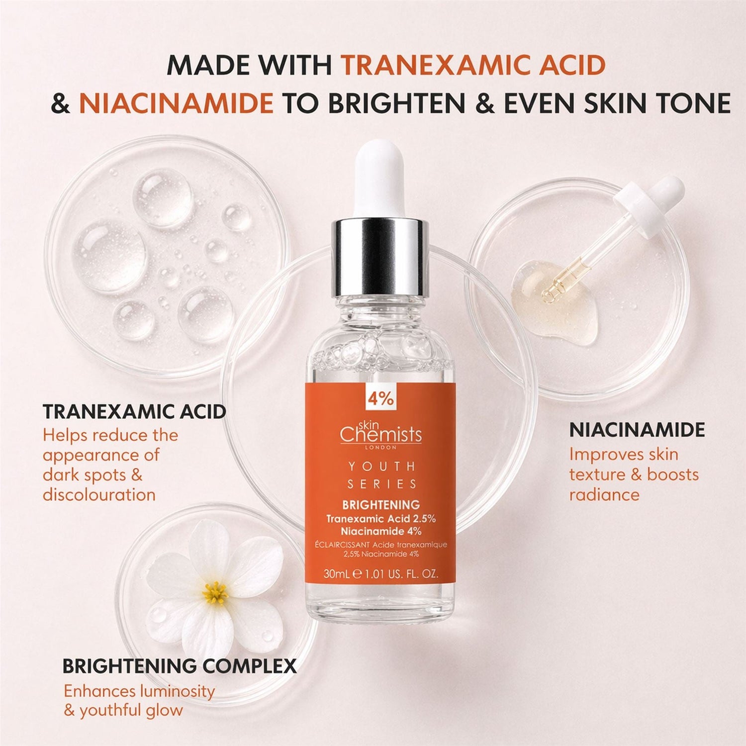 Tranexamic Acid 2.5%, Niacinamide 4% Brightening Facial Serum 30ml by skinChemists US
