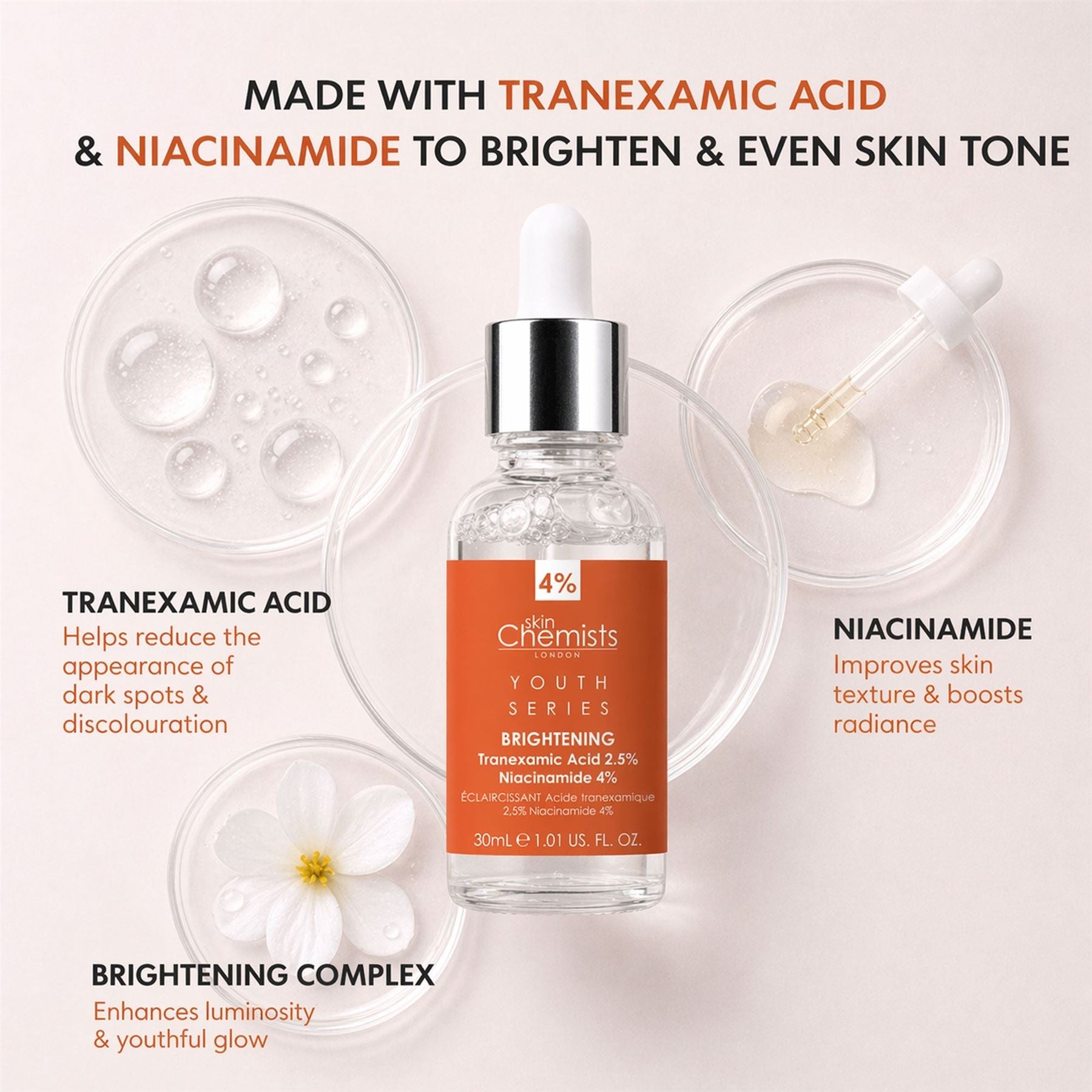 Tranexamic Acid 2.5%, Niacinamide 4% Brightening Facial Serum 30ml by skinChemists US