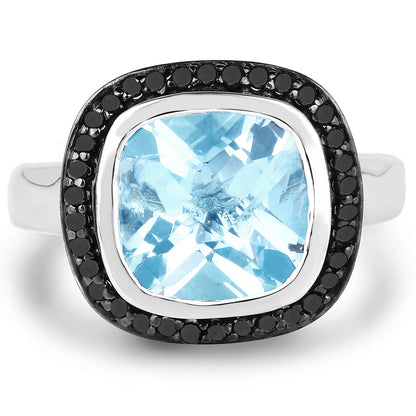 5.23 Carat Genuine Baby Swiss Blue Topaz and Black Diamond .925 Sterling Silver Ring by Bids.com