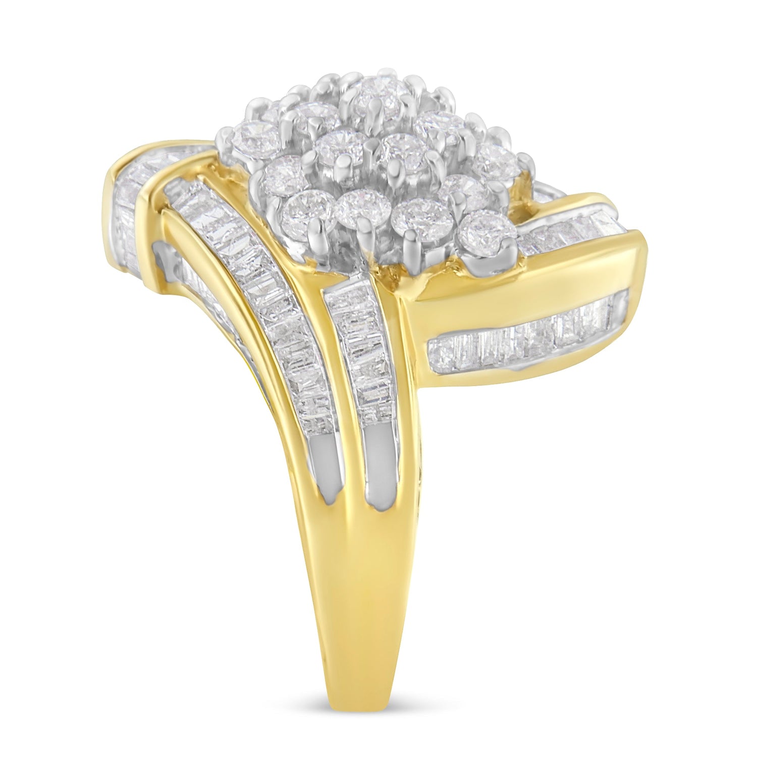10K Yellow Gold Round and Baguette Diamond Crossover Cluster Ring (3 Cttw, I-J Color, I1-I2 Clarity) - Size 7-1/2 by Bids.com