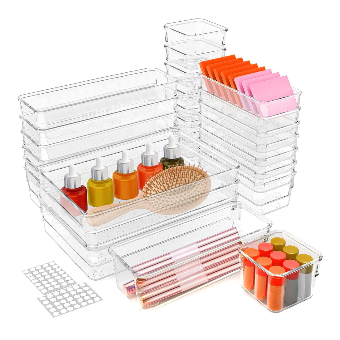 25Pcs Clear Plastic Drawer Organizers Set 4 Sizes Desk Drawer Dividers Trays Storage Bins for Vanity Cabinet Makeup Bathroom Office Kitchen Bedroom Je 