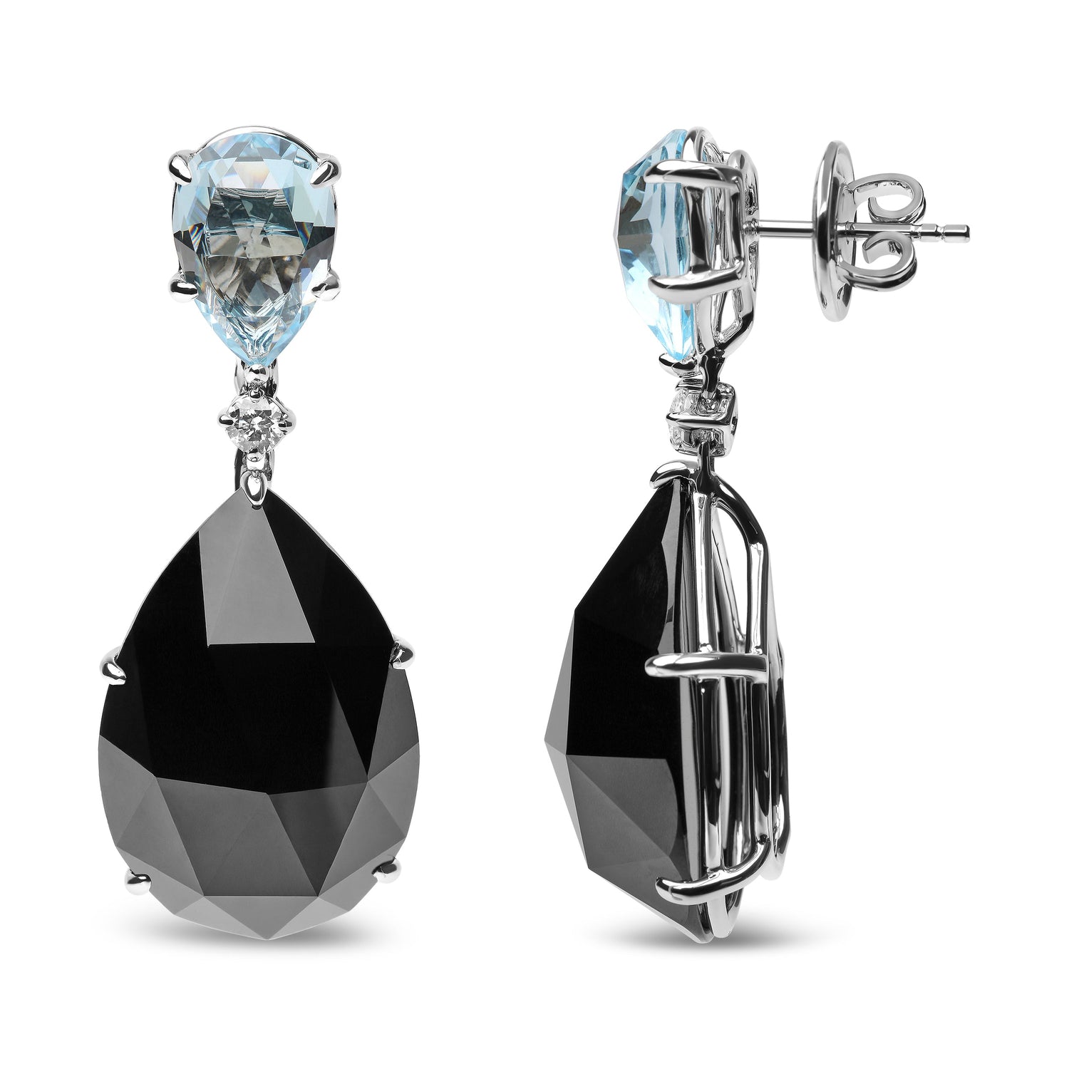 18K White Gold 1/5 Cttw Diamond with Pear Cut Sky Blue Topaz and Pear-Cut Black Onyx Gemstone Dangle Earring (G-H Color, SI1-SI2 Clarity) - DestGlow