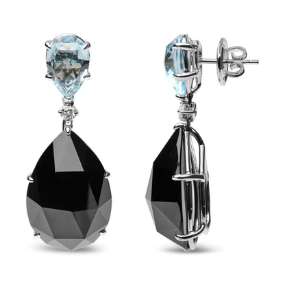 18K White Gold 1/5 Cttw Diamond with Pear Cut Sky Blue Topaz and Pear-Cut Black Onyx Gemstone Dangle Earring (G-H Color, SI1-SI2 Clarity) - DestGlow