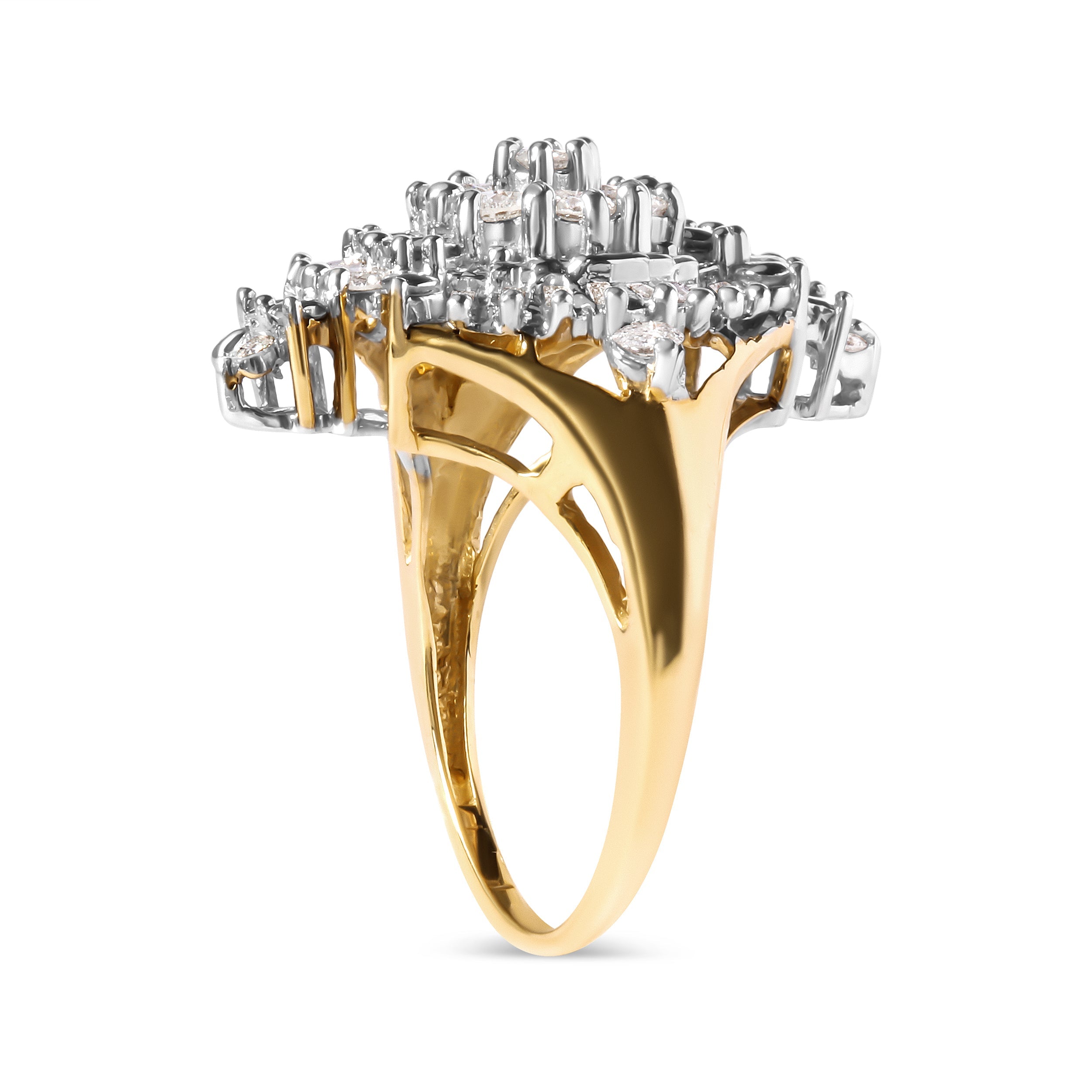10K Yellow Gold 1 Cttw Round and Baguette cut Diamond Cluster and Rhombus Halo Ring (H-I Color, I1-I2 Clarity) - Ring Size 7 by Bids.com
