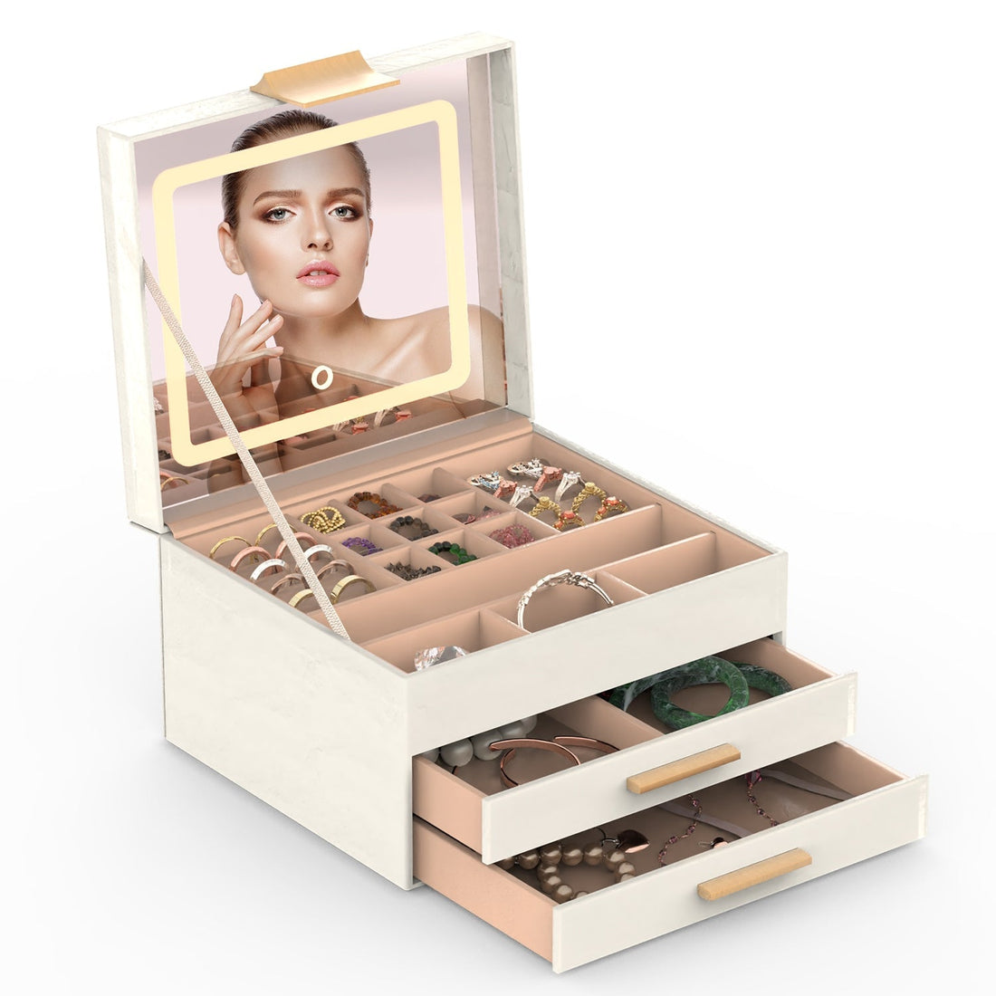 Jewelry Box with LED Mirror 3-Layer Jewelry Organizer with 2 Drawers PU Jewelry Holder with 3 Mirror Light Colors Dimmable for Earrings Rings Bracelet 