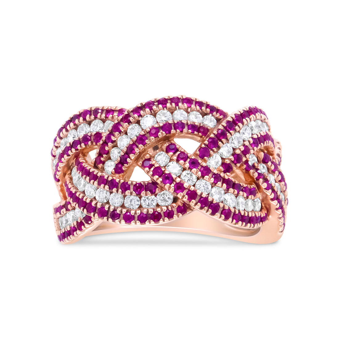 18K Rose Gold Red Ruby and 7/8 Cttw Diamond Woven Braided Band Ring (F-G Color, VS1-VS2 Clarity) - Ring Size 7 by Bids.com