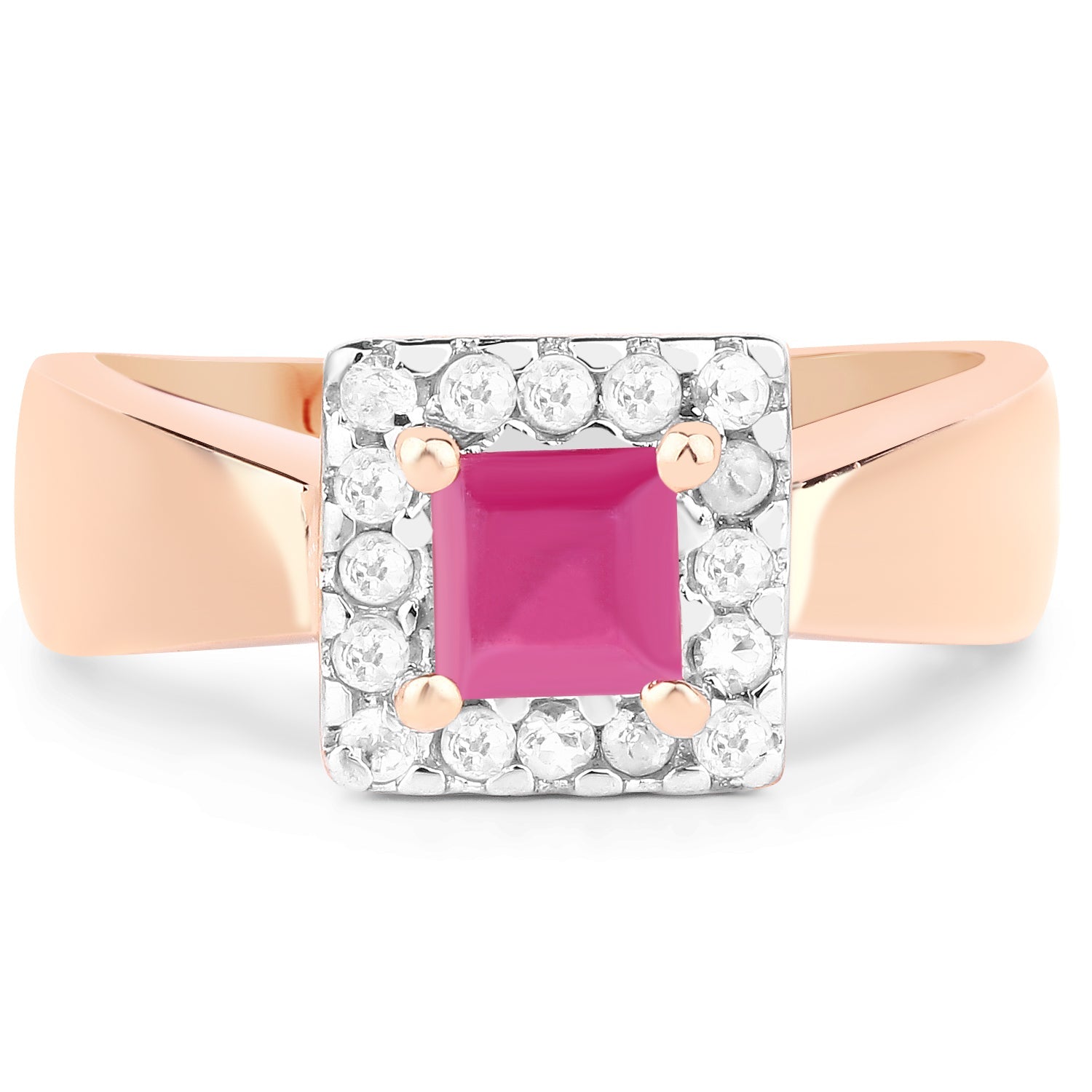 14K Rose Gold Plated 1.26 Carat Genuine Glass Filled Ruby &amp; White Topaz .925 Sterling Silver Ring  DestGlow