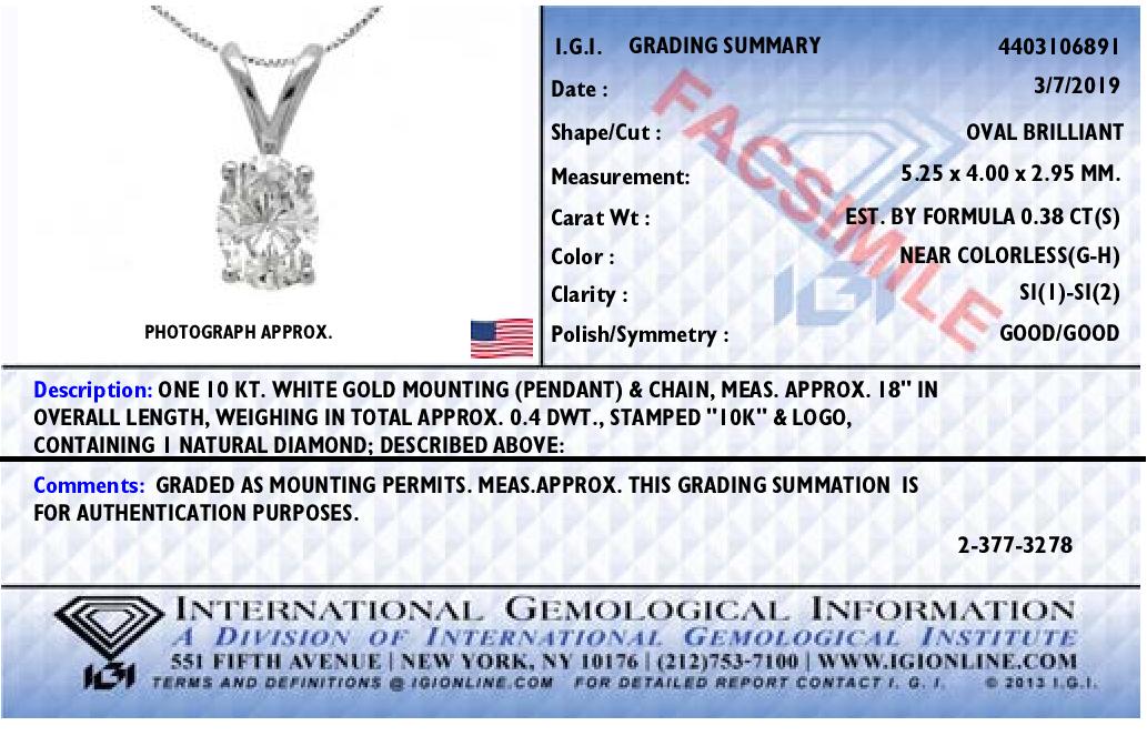 IGI Certified 10K White Gold 3/8 cttw Prong Set Diamond Oval Pendant Necklace (I-J Color, I1 Clarity) - Size 18"  DestGlow