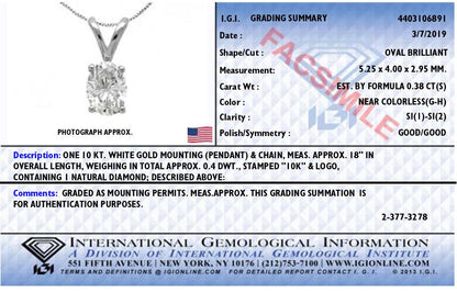 IGI Certified 10K White Gold 3/8 cttw Prong Set Diamond Oval Pendant Necklace (I-J Color, I1 Clarity) - Size 18"  DestGlow