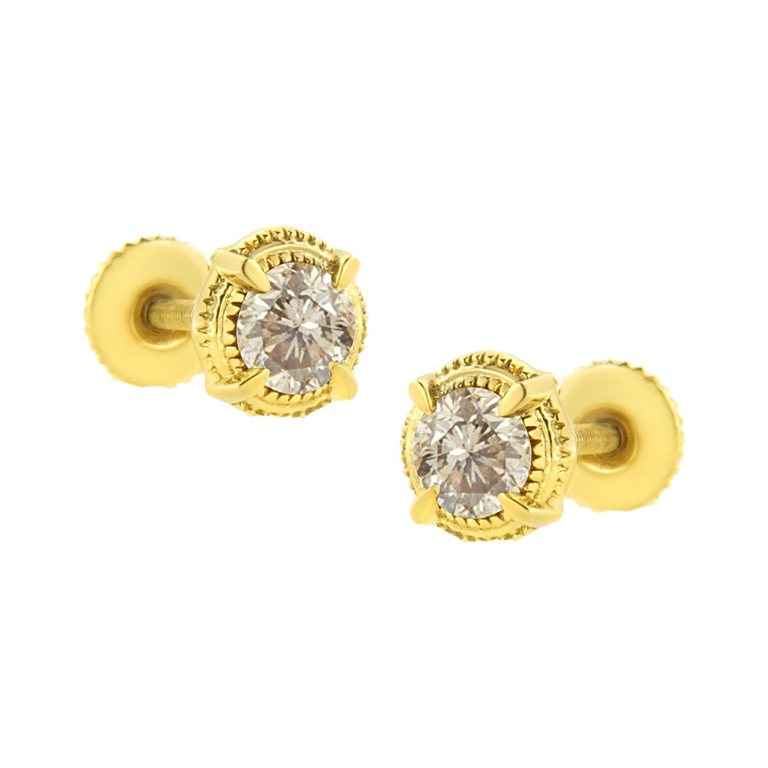14K Yellow Gold Plated .925 Sterling Silver 1.0 Cttw Round Brilliant Cut Diamond Solitaire Milgrain Stud Earrings (K-L Color, I2-I3 Clarity) by Bids.com