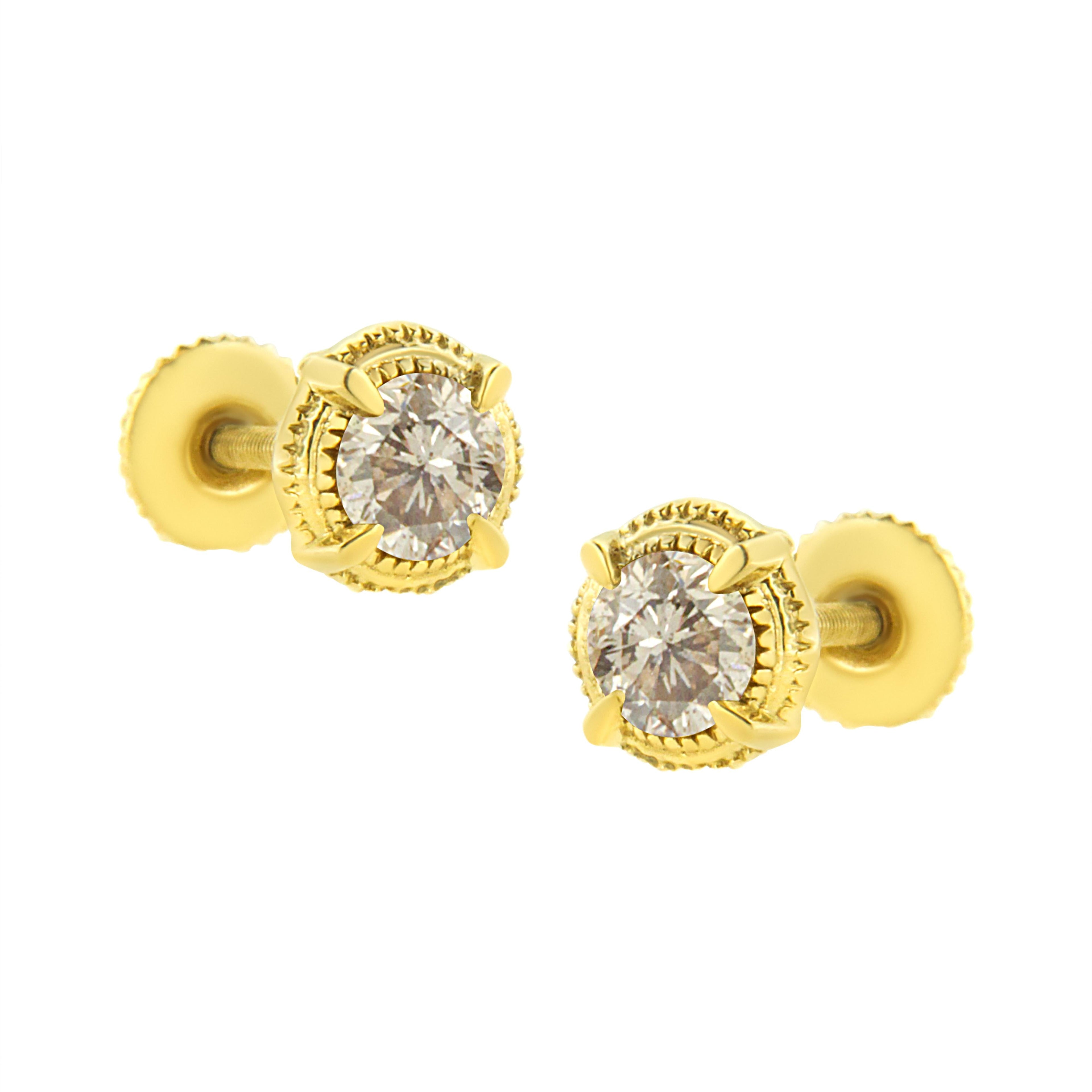 14K Yellow Gold Plated .925 Sterling Silver 1.0 Cttw Round Brilliant Cut Diamond Solitaire Milgrain Stud Earrings (K-L Color, I2-I3 Clarity) by Bids.com