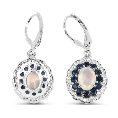 2.80 Carat Genuine Ethiopian Opal, Blue Sapphire and White Topaz .925 Sterling Silver Earrings  DestGlow