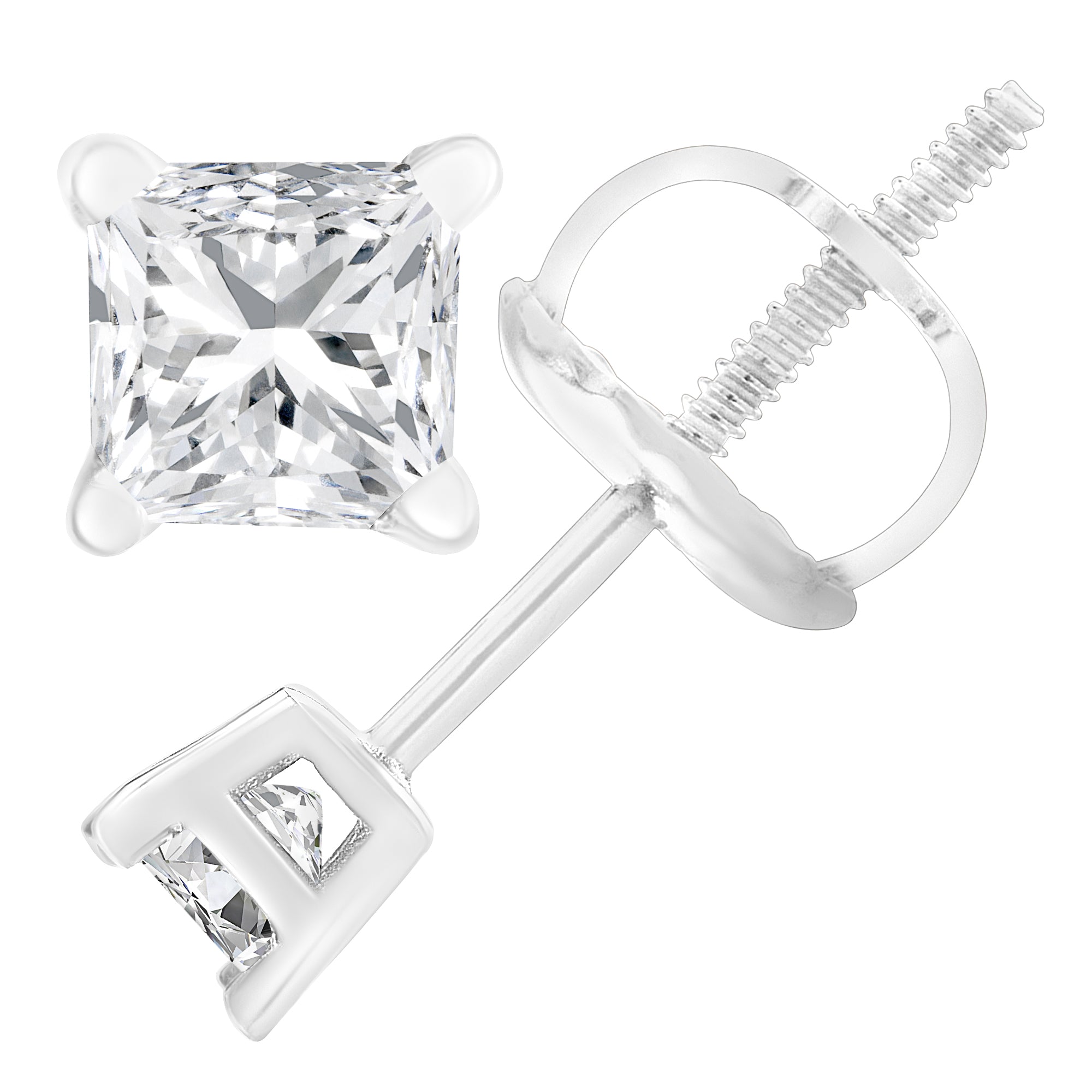AGS Certified 18K White Gold 1.0 Cttw 4-Prong Set Princess-Cut Solitaire Diamond Screw Back Stud Earrings (E-F Color, SI2-I1 Clarity) by Bids.com