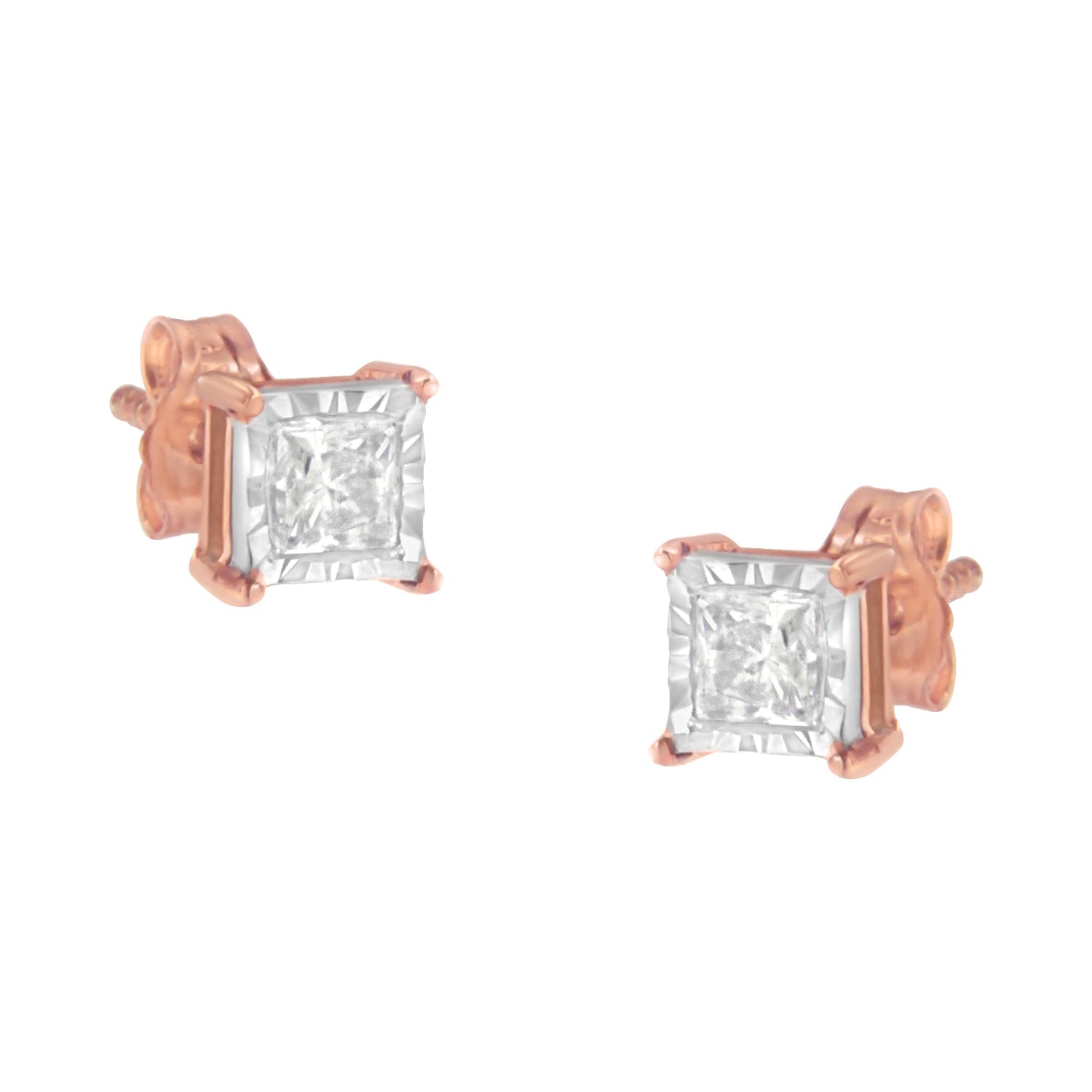 14K Rose Gold Plated Two-Tone .925 Sterling Silver 1/2 Cttw Princess-Cut Square Near Colorless Diamond Solitaire Miracle-Plate Stud Earrings (J-K Color, I2-I3 Clarity) by Bids.com