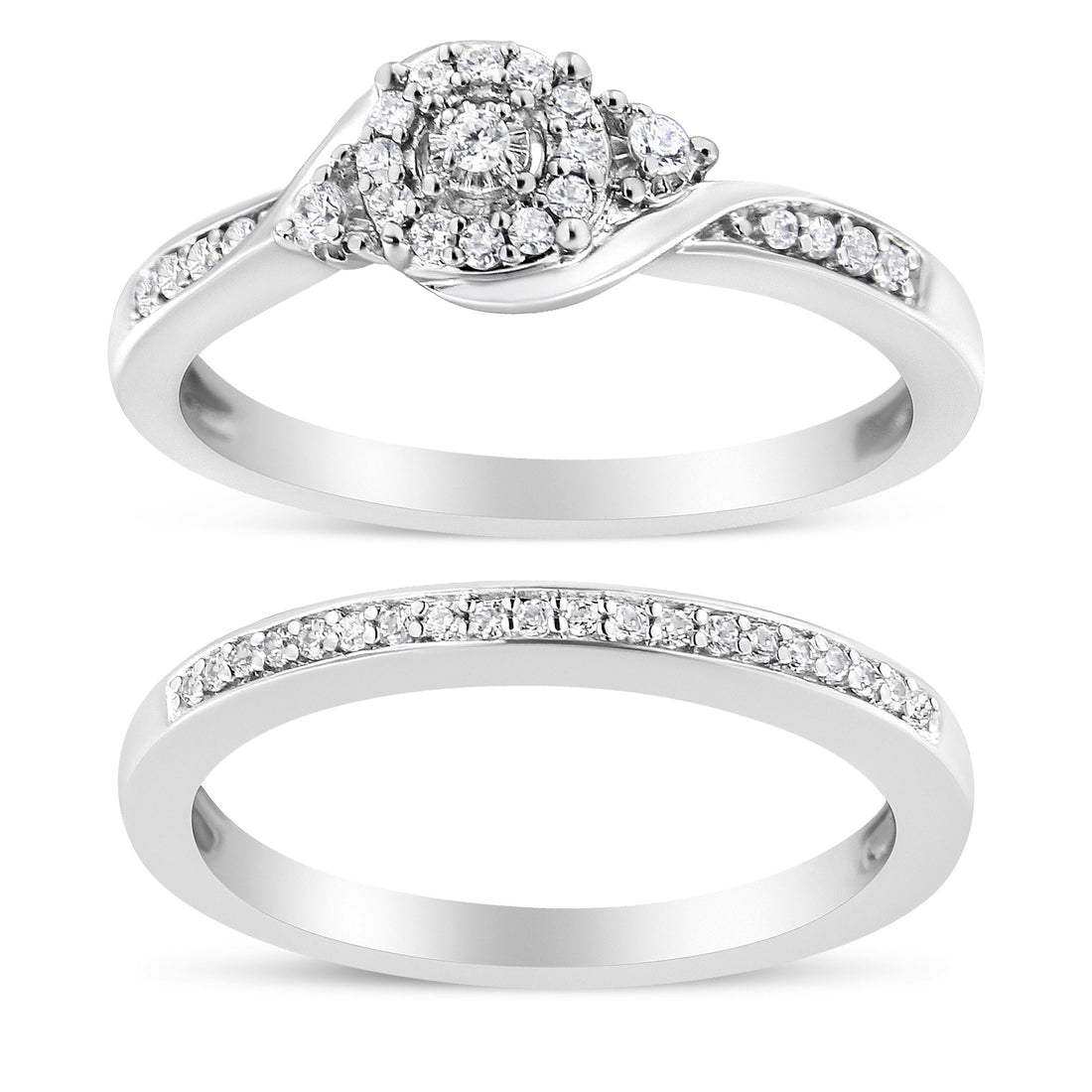 .925 Sterling Silver 1/4 Cttw Diamond Halo and Swirl Engagement Ring and Wedding Band Set (I-J Color, I3 Clarity)- Ring Size 7 by Bids.com