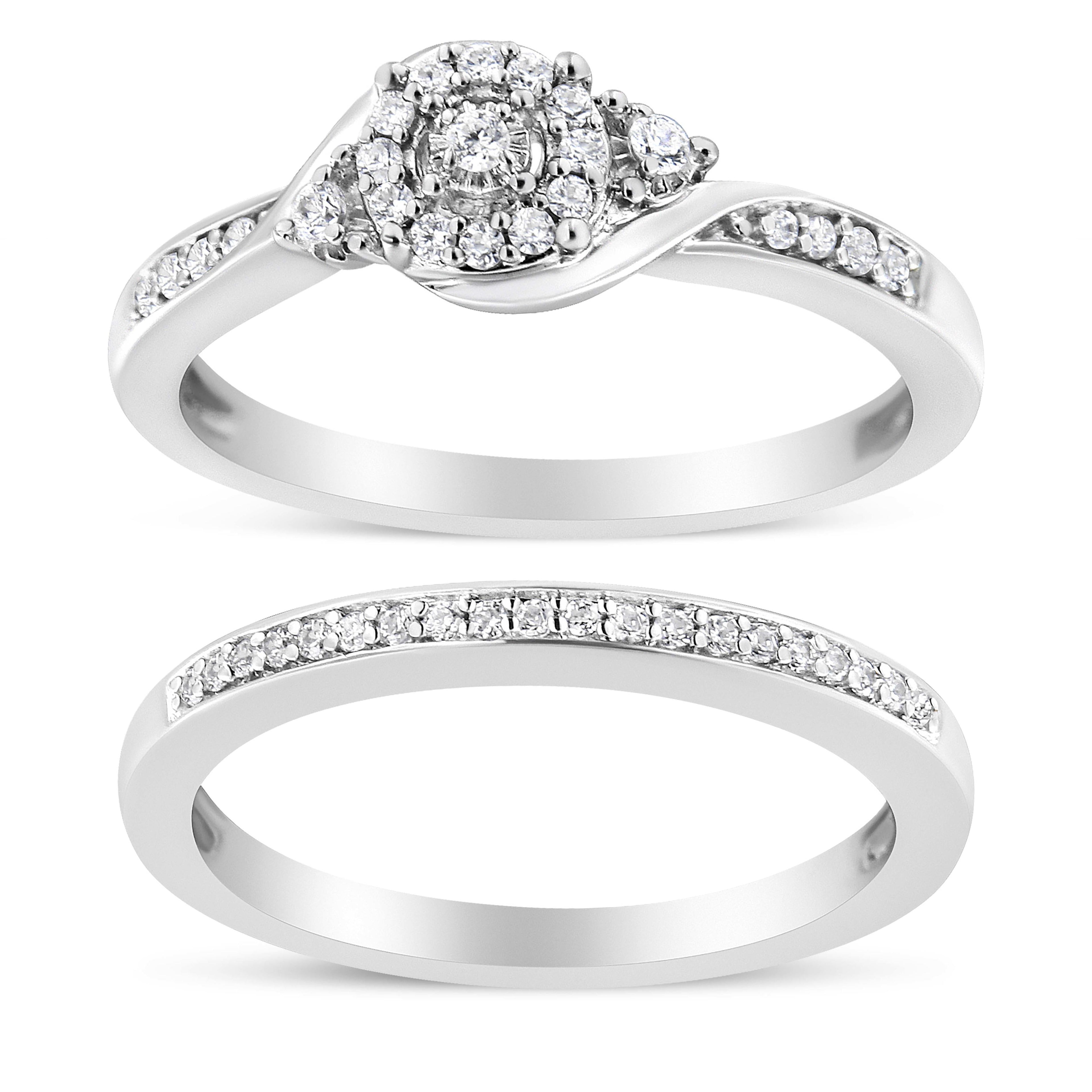 .925 Sterling Silver 1/4 Cttw Diamond Halo and Swirl Engagement Ring and Wedding Band Set (I-J Color, I3 Clarity)- Ring Size 7 by Bids.com
