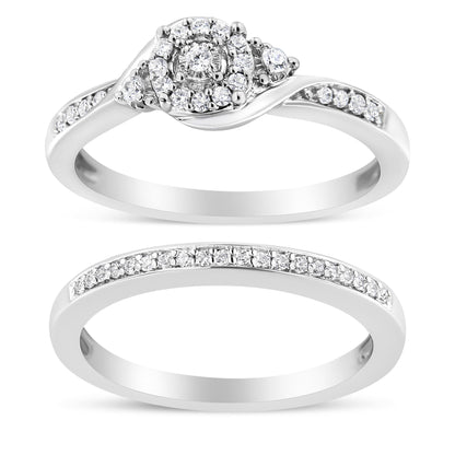 .925 Sterling Silver 1/4 Cttw Diamond Halo and Swirl Engagement Ring and Wedding Band Set (I-J Color, I3 Clarity)- Ring Size 7 by Bids.com