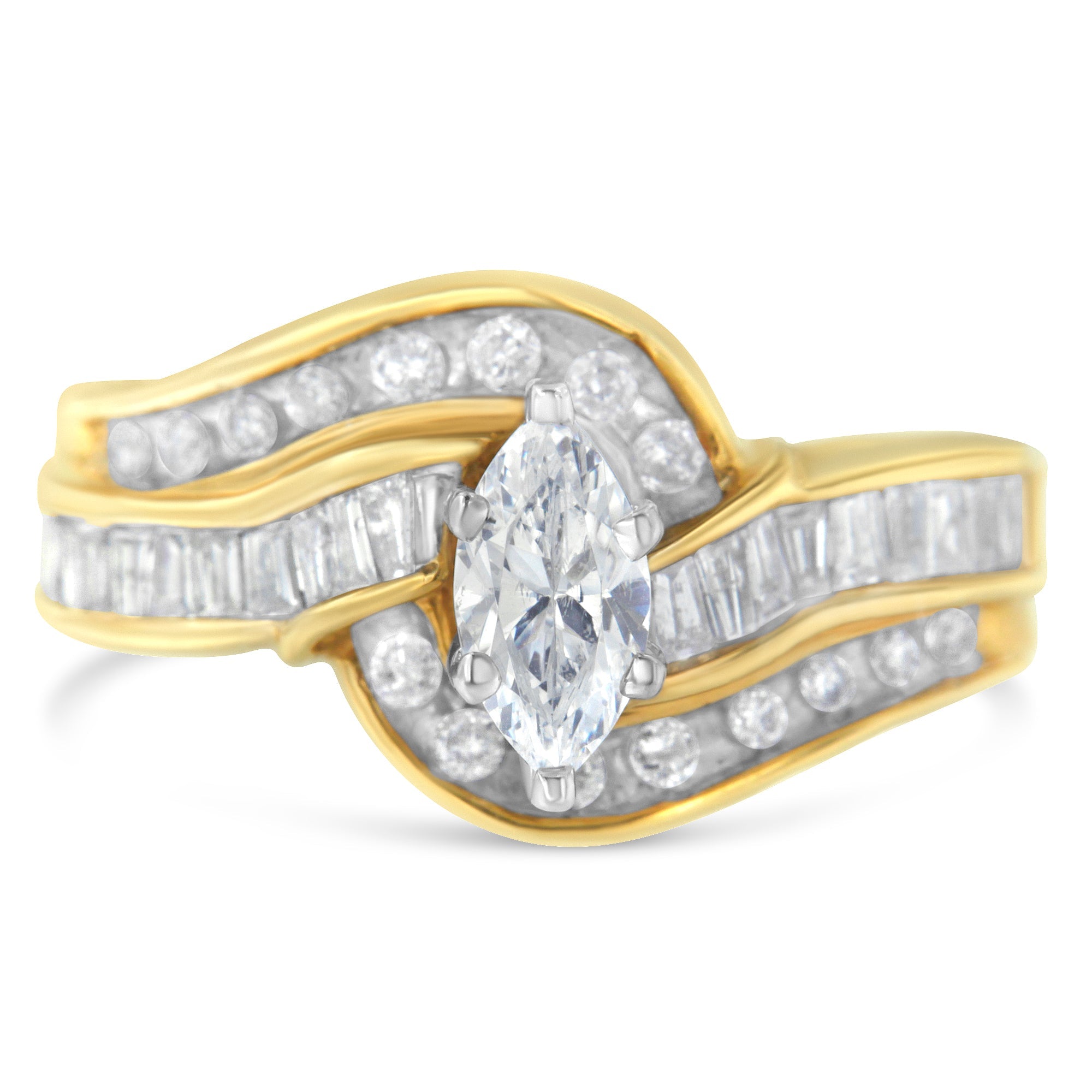 14KT Two-Toned Gold Marquise, Baguette and Round Cut Diamond Bypass Ring (1 cttw, H-I Color, SI1-SI2 Clarity) (Size 7) by Bids.com