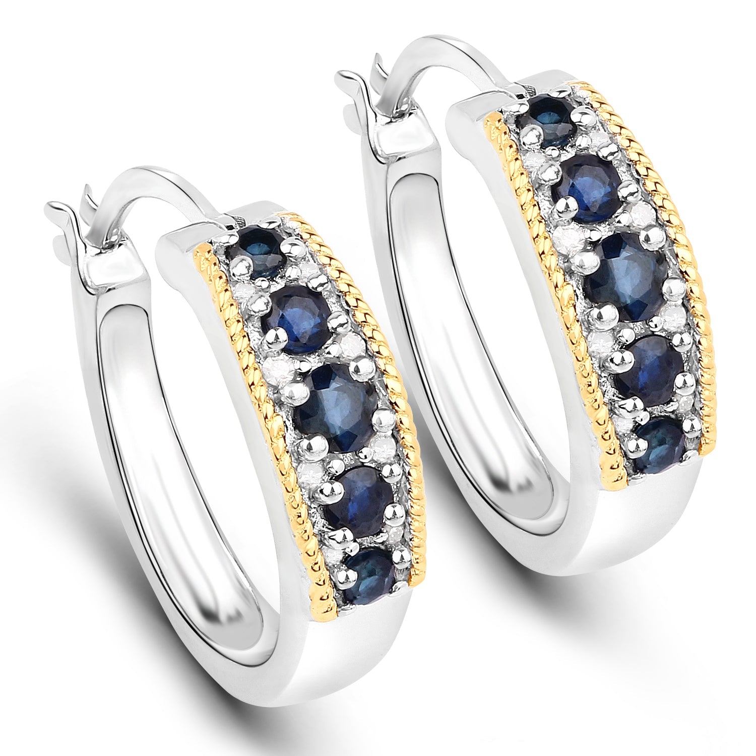 0.70 Carat Genuine Blue Sapphire and White Diamond .925 Sterling Silver with 14K Yellow Gold Earrings by Bids.com