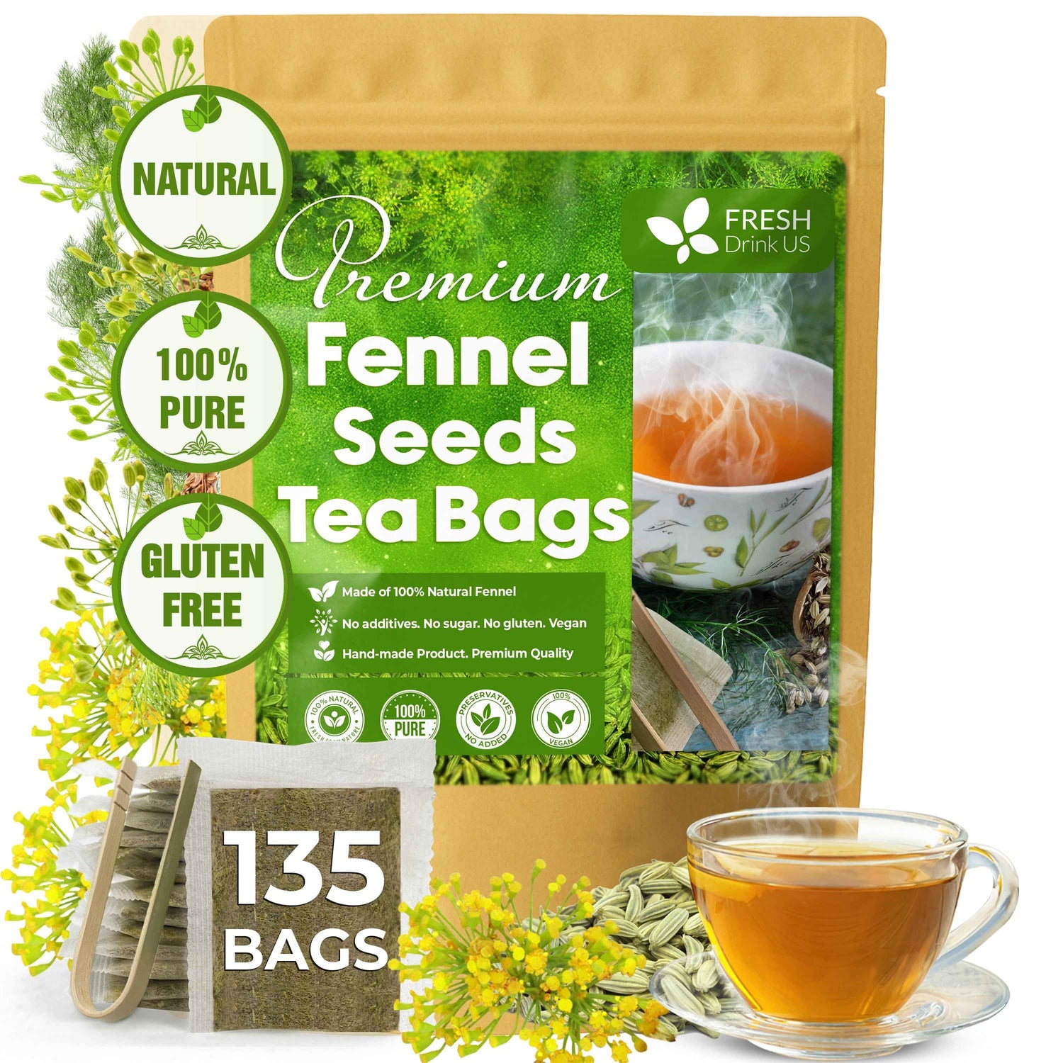 Premium Fennel Tea Bags, 100% Natural &amp; Pure from Fennel Seeds. Fennel Seed Herbal Tea. Fennel Seed Tea. Made with Natural Material Tea Bags. No Sugar, No Caffeine, No Gluten, Vegan.