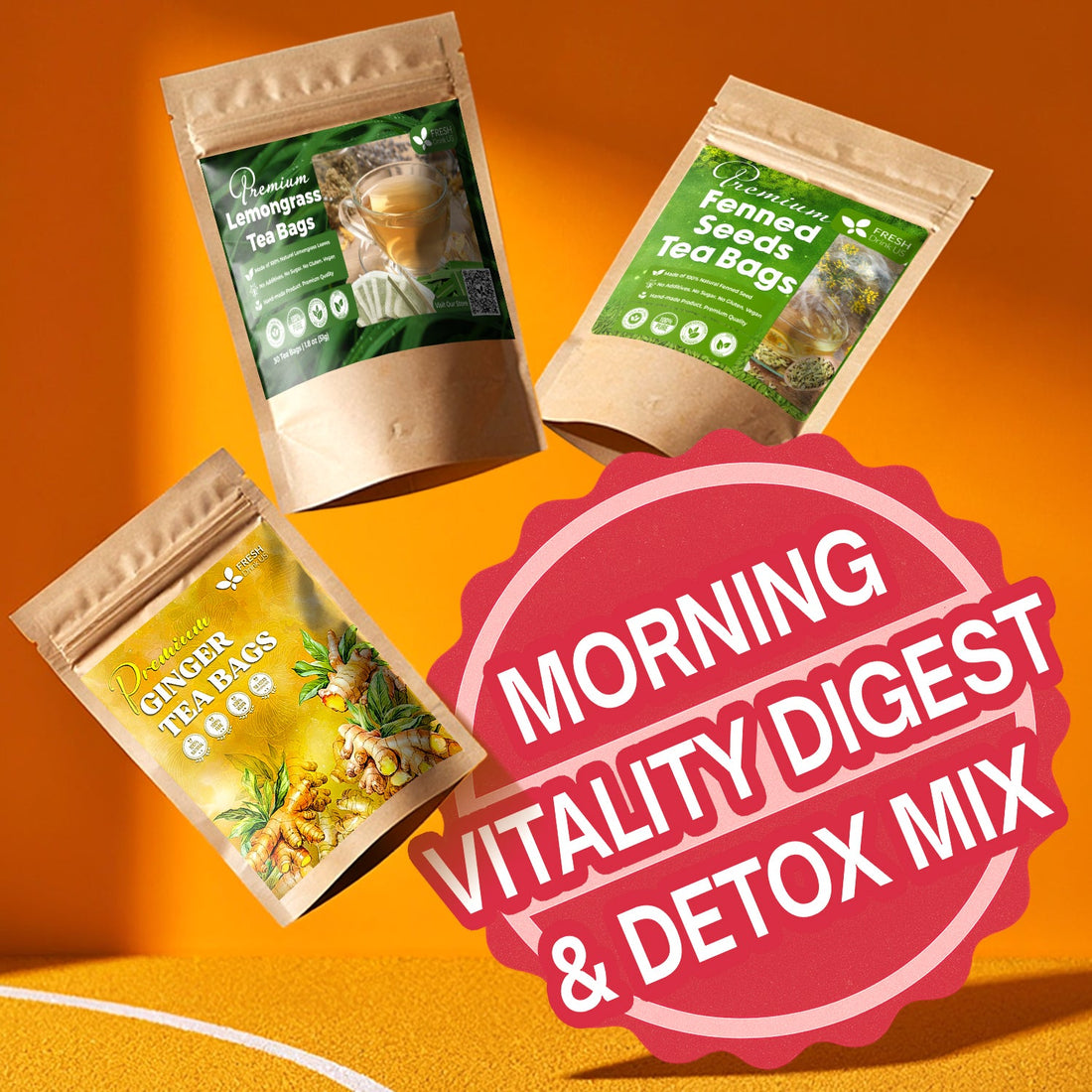 FreshDrinkUS Morning Vitality Digest &amp; Detox Mix, Fennel, Ginger &amp; Lemongrass Herbal Tea Bags Bundle, 100% Natural &amp; Pure Seeds and Leaves, No Sugar, No Caffeine, No Gluten, Vegan, Biodegradable Tea Bags, Hand-Made Process – Herbal Beverage by FreshDrinkUS - Natural and Premium Herbal Tea