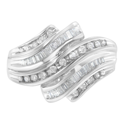 10K White Gold Round and Baguette Cut Diamond Channel Ring (3/4 Cttw, H-I Color, SI2-I1 Clarity) - Size 7 by Bids.com