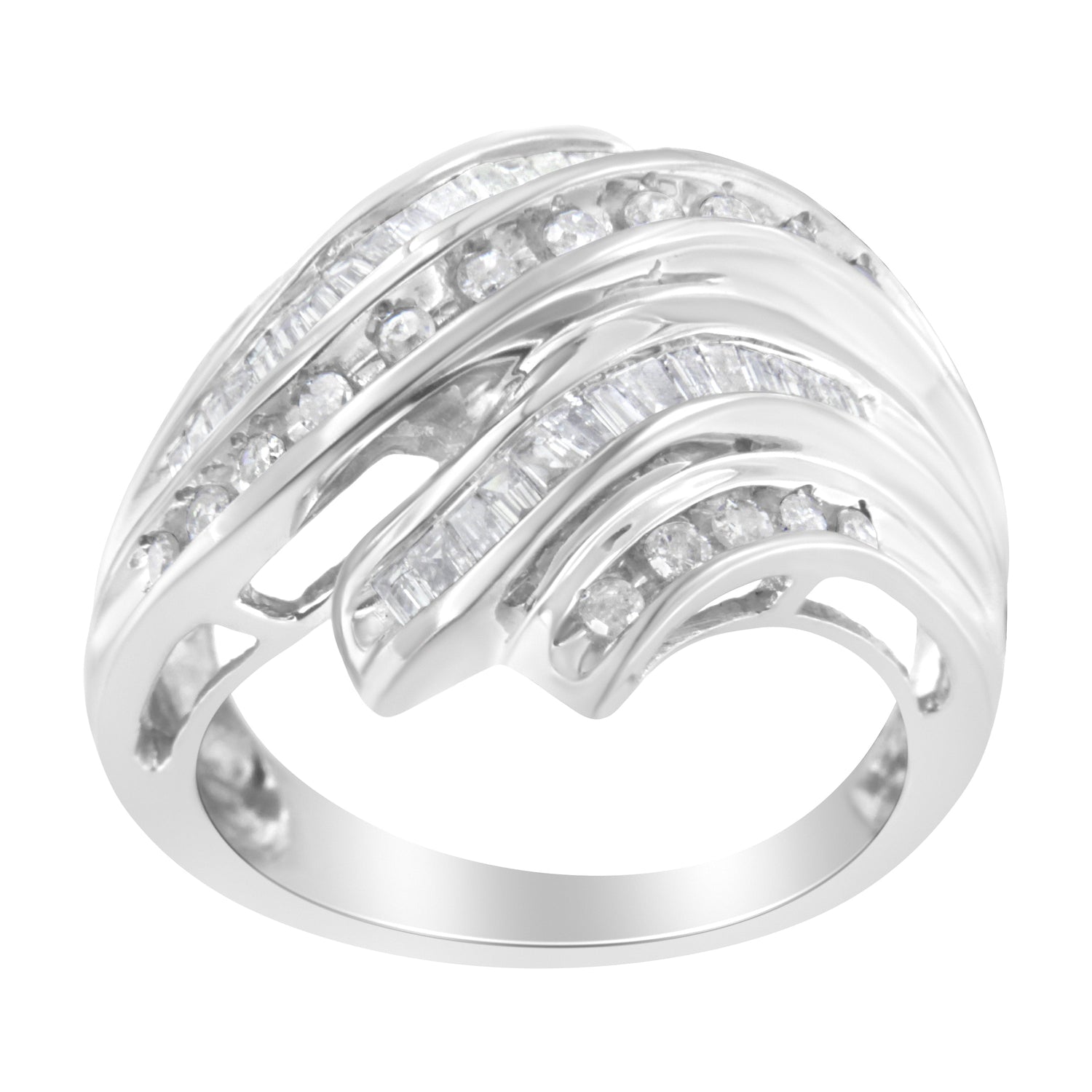 10K White Gold Round and Baguette Cut Diamond Channel Ring (3/4 Cttw, H-I Color, SI2-I1 Clarity) - Size 7 by Bids.com