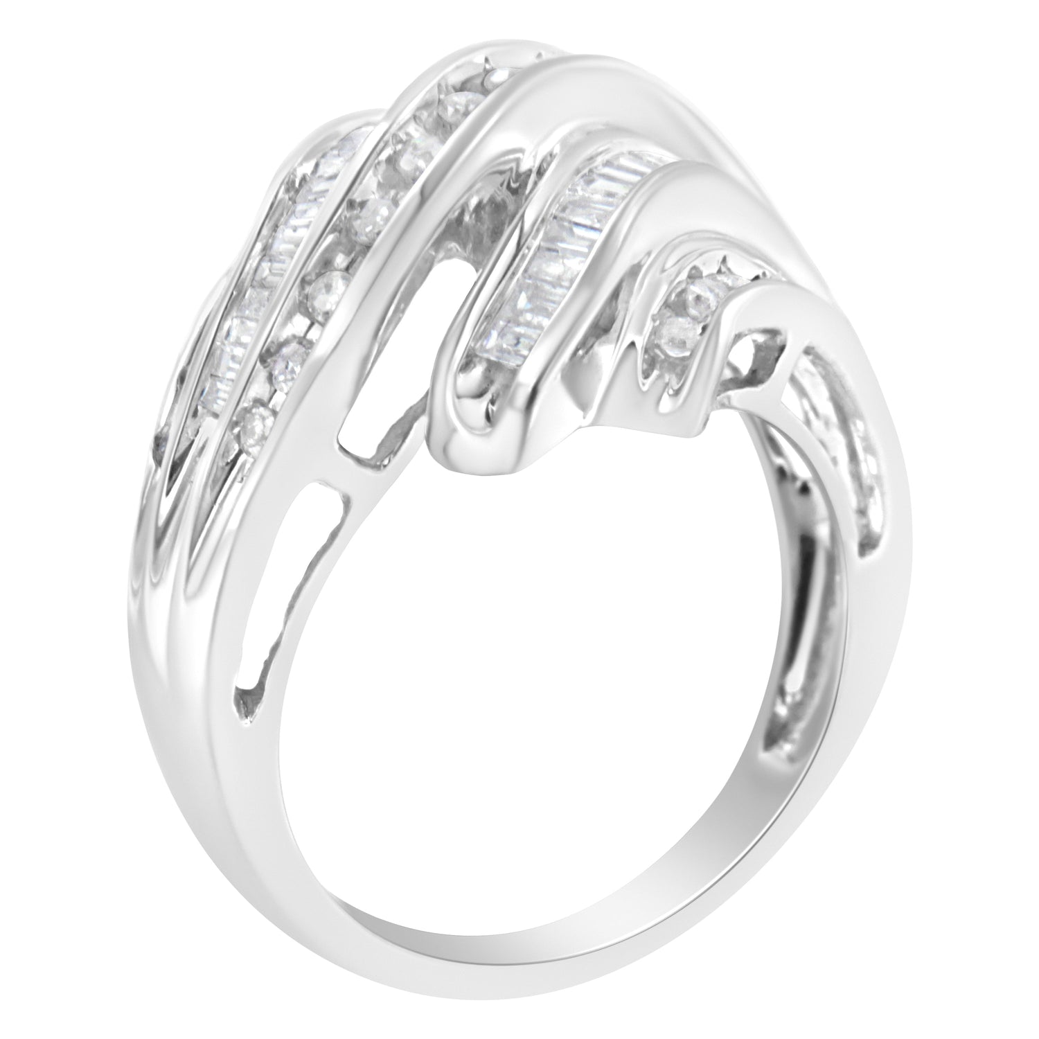 10K White Gold Round and Baguette Cut Diamond Channel Ring (3/4 Cttw, H-I Color, SI2-I1 Clarity) - Size 7 by Bids.com