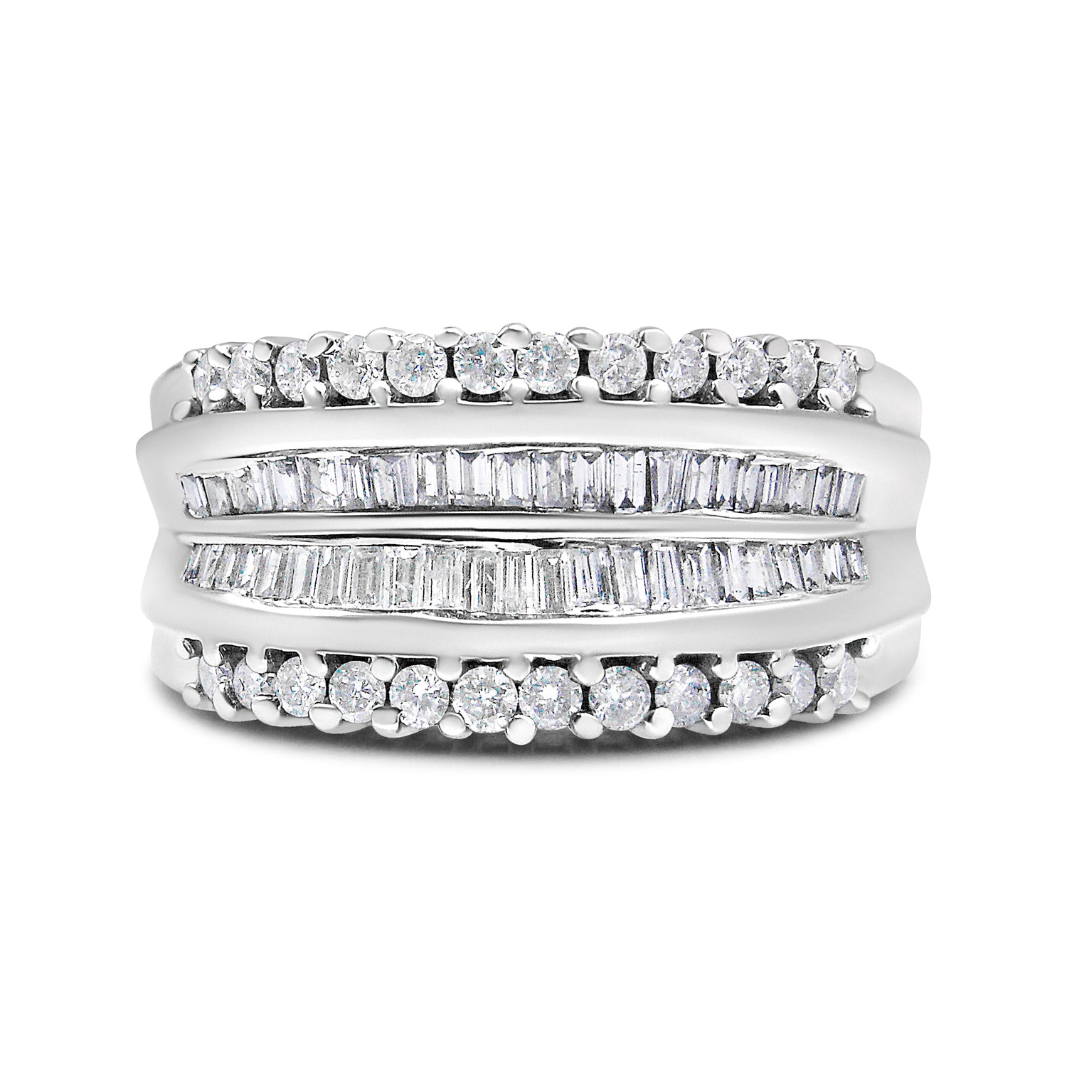 14K White Gold 1.00 Cttw Round and Baguette-Cut Diamond Modern Band Ring (H-I Color, SI2-I1 Clarity) - Ring Size 7 by Bids.com