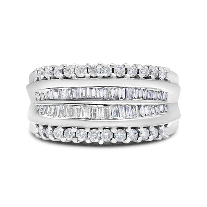 14K White Gold 1.00 Cttw Round and Baguette-Cut Diamond Modern Band Ring (H-I Color, SI2-I1 Clarity) - Ring Size 7 by Bids.com