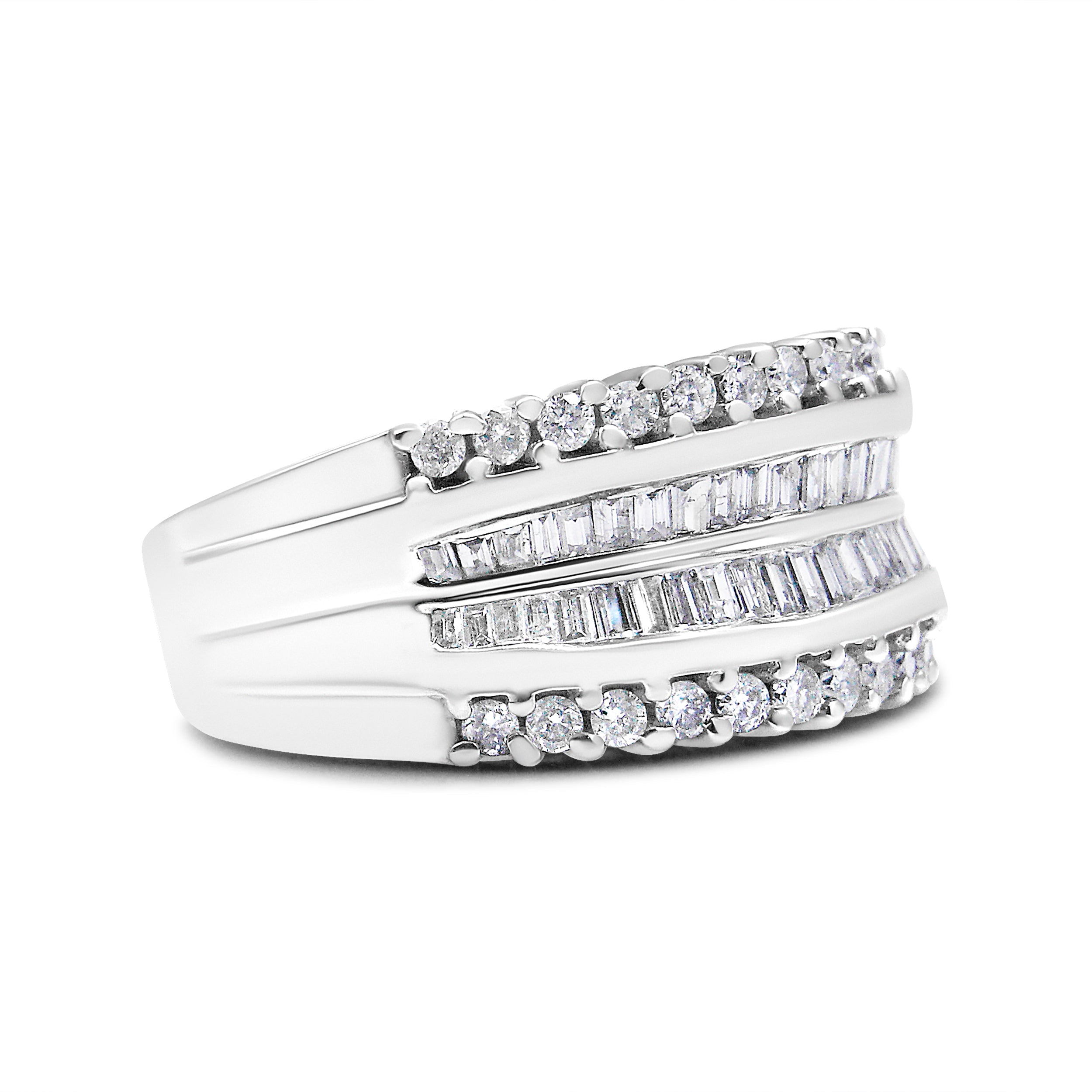 14K White Gold 1.00 Cttw Round and Baguette-Cut Diamond Modern Band Ring (H-I Color, SI2-I1 Clarity) - Ring Size 7 by Bids.com