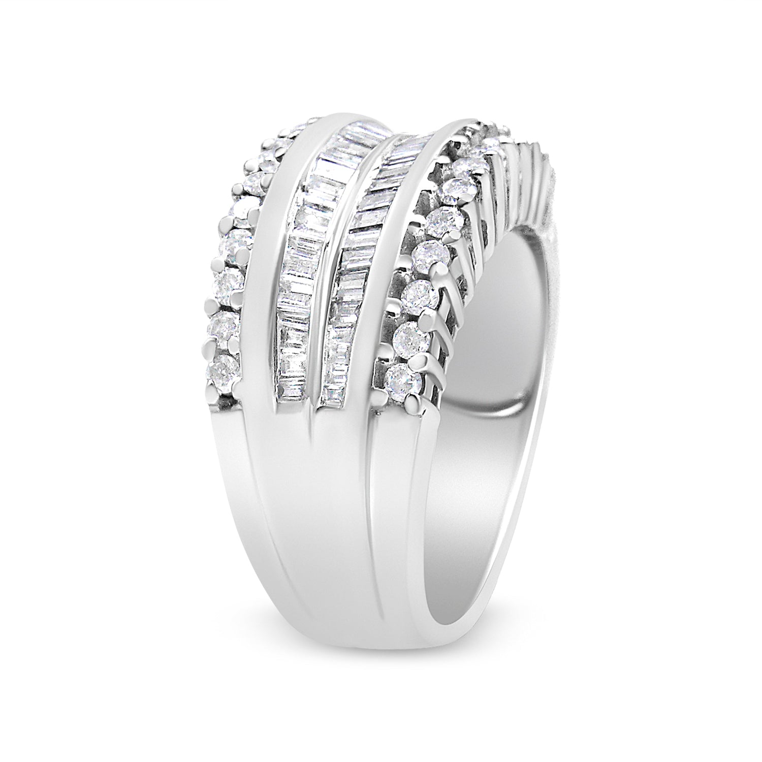 14K White Gold 1.00 Cttw Round and Baguette-Cut Diamond Modern Band Ring (H-I Color, SI2-I1 Clarity) - Ring Size 7 by Bids.com