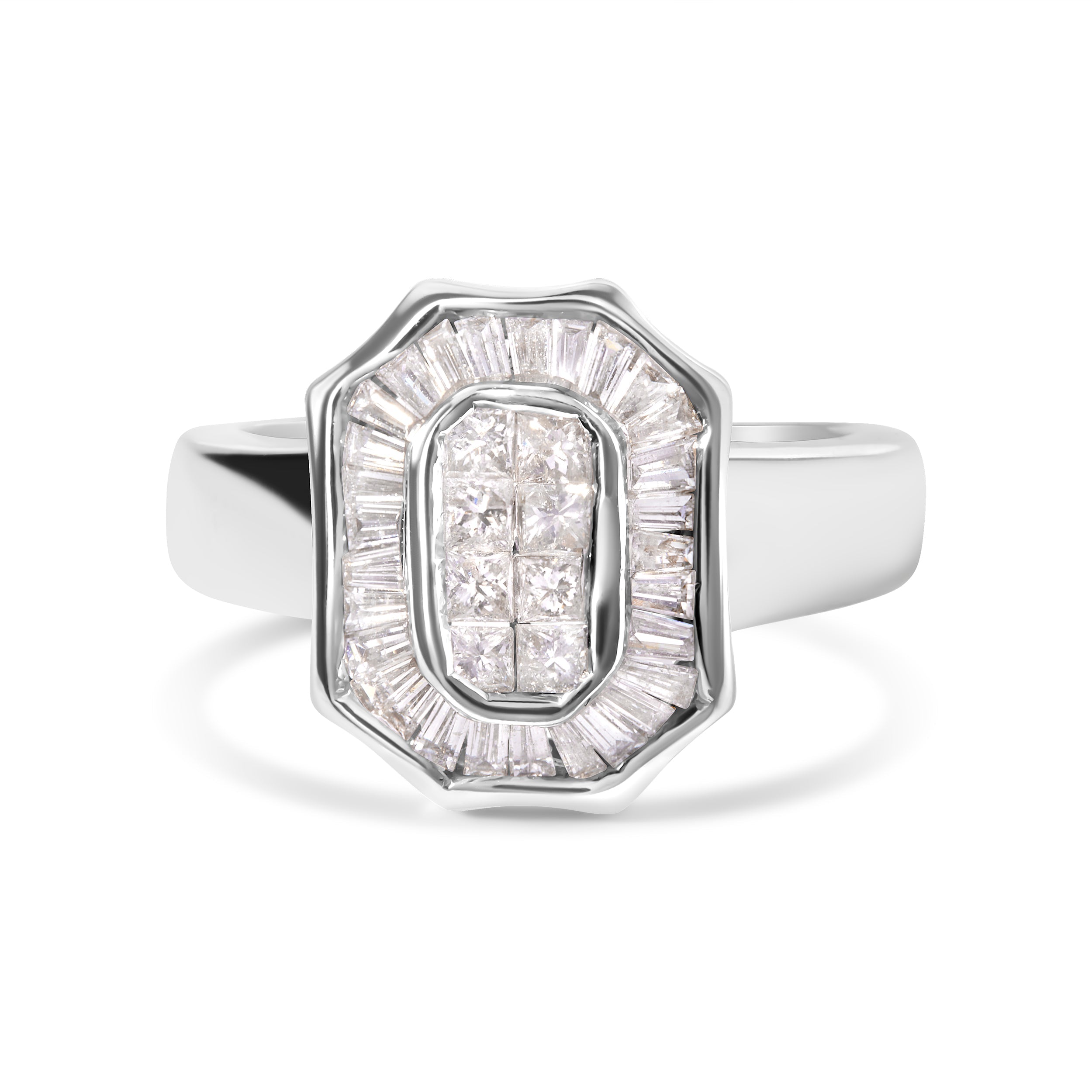 14K White Gold 1.00 Cttw Baguette and Princess-Cut Diamond Cocktail Art Deco Style Ring (H-I Color, SI1-SI2 Clarity) - Size 7 by Bids.com
