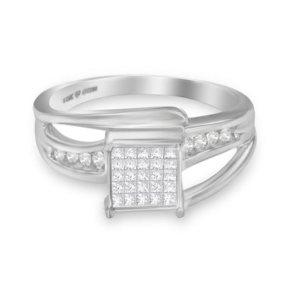 10K White Gold 1/3 Cttw Invisible Set Princess-cut Diamond Cluster Bypass Ring (H-I Color, SI1-SI2 Clarity) - Ring Size 7 by Bids.com