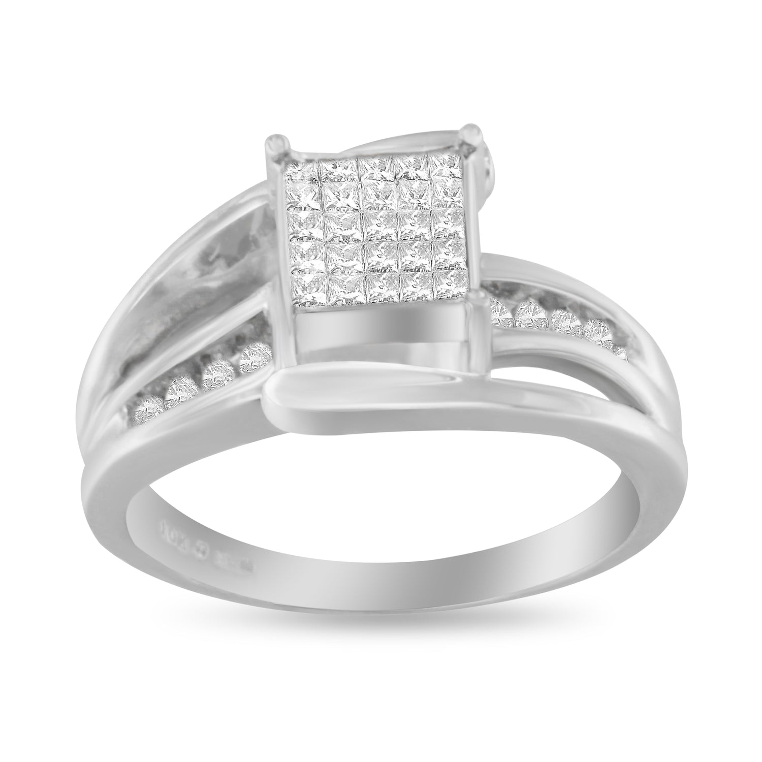 10K White Gold 1/3 Cttw Invisible Set Princess-cut Diamond Cluster Bypass Ring (H-I Color, SI1-SI2 Clarity) - Ring Size 7 by Bids.com
