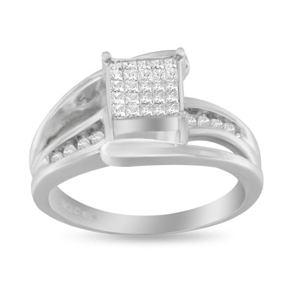 10K White Gold 1/3 Cttw Invisible Set Princess-cut Diamond Cluster Bypass Ring (H-I Color, SI1-SI2 Clarity) - Ring Size 7 by Bids.com