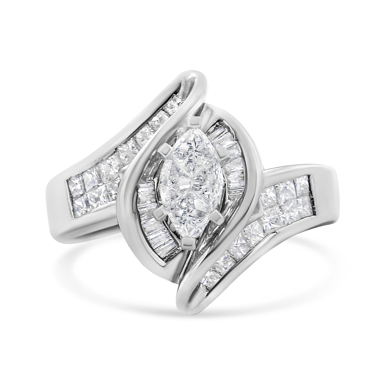 14K White Gold 1 1/4 Cttw Pie, Baguette and Princess cut Diamond Marquise Shape Engagement Cocktail Ring (H-I Color, SI2-I1 Clarity)  DestGlow