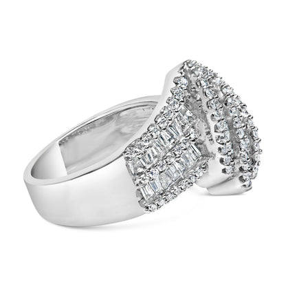 14K White Gold 1-1/2 Cttw Round and Baguette Diamond Bypass Cocktail Ring Band (H-I Color, SI1-SI2 Clarity) - Size 7 by Bids.com