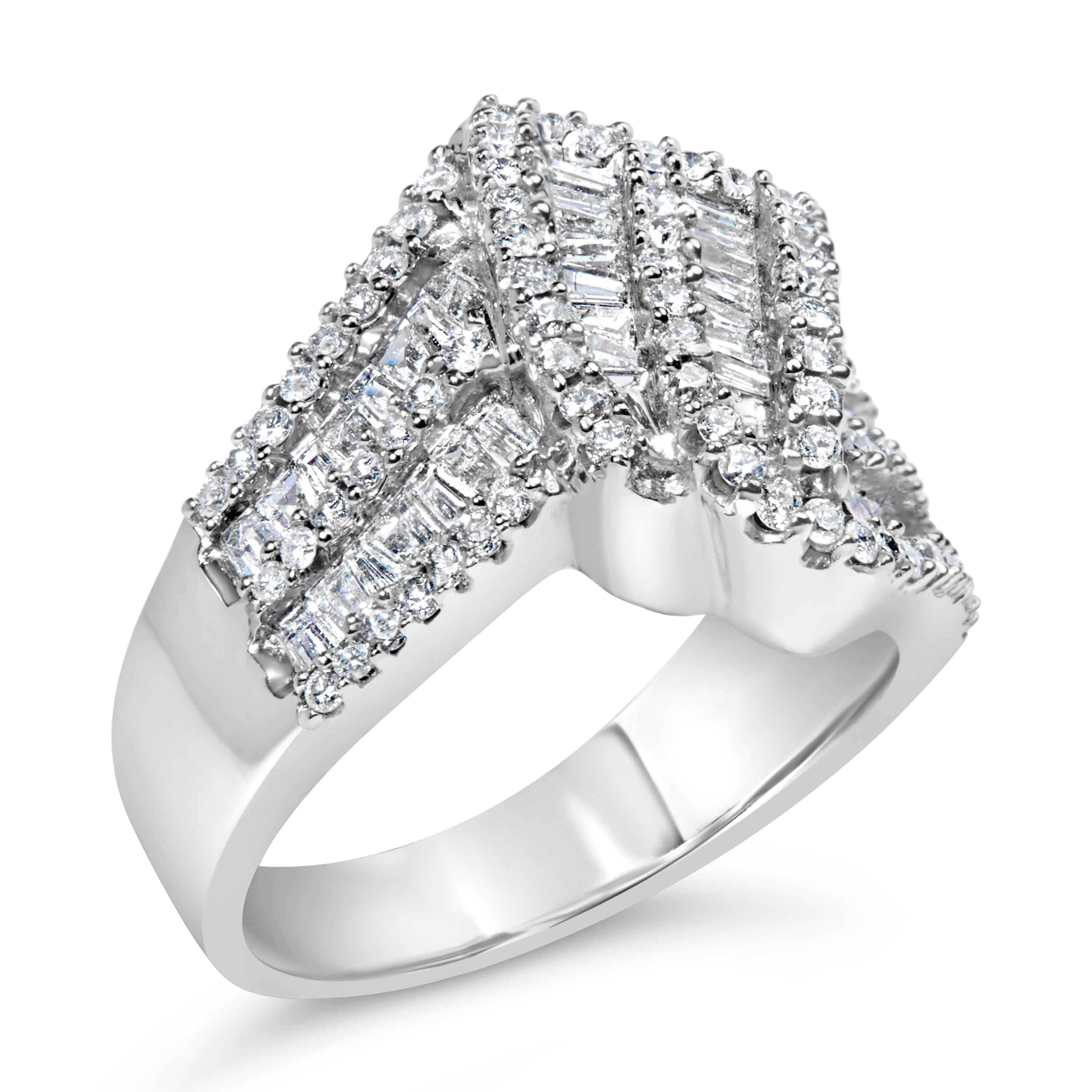 14K White Gold 1-1/2 Cttw Round and Baguette Diamond Bypass Cocktail Ring Band (H-I Color, SI1-SI2 Clarity) - Size 7 by Bids.com