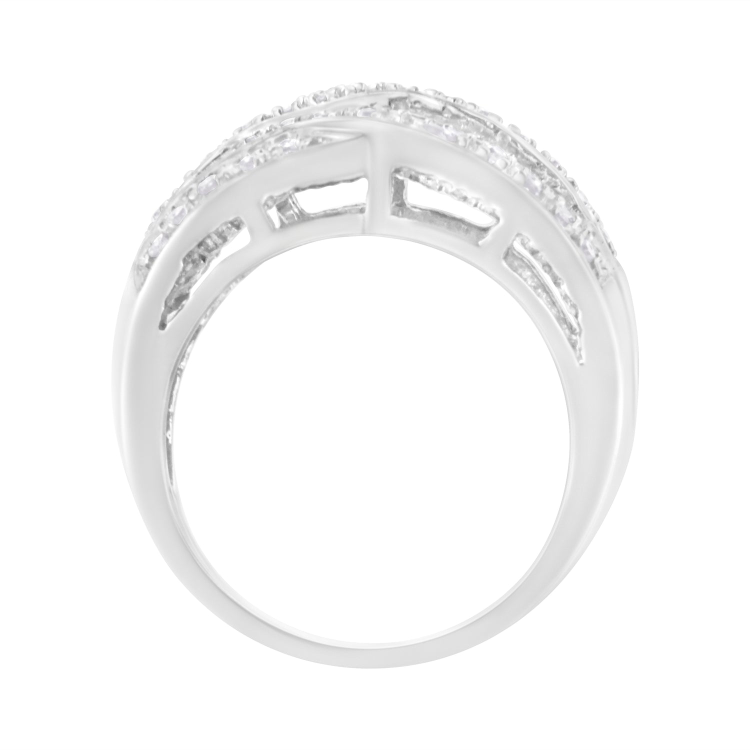 .925 Sterling Silver 1.0 Cttw Channel Set Alternating Round and Baguette Diamond Cross-over Bypass Ring Band (I-J Color, I2-I3 Clarity) - Size 7 by Bids.com