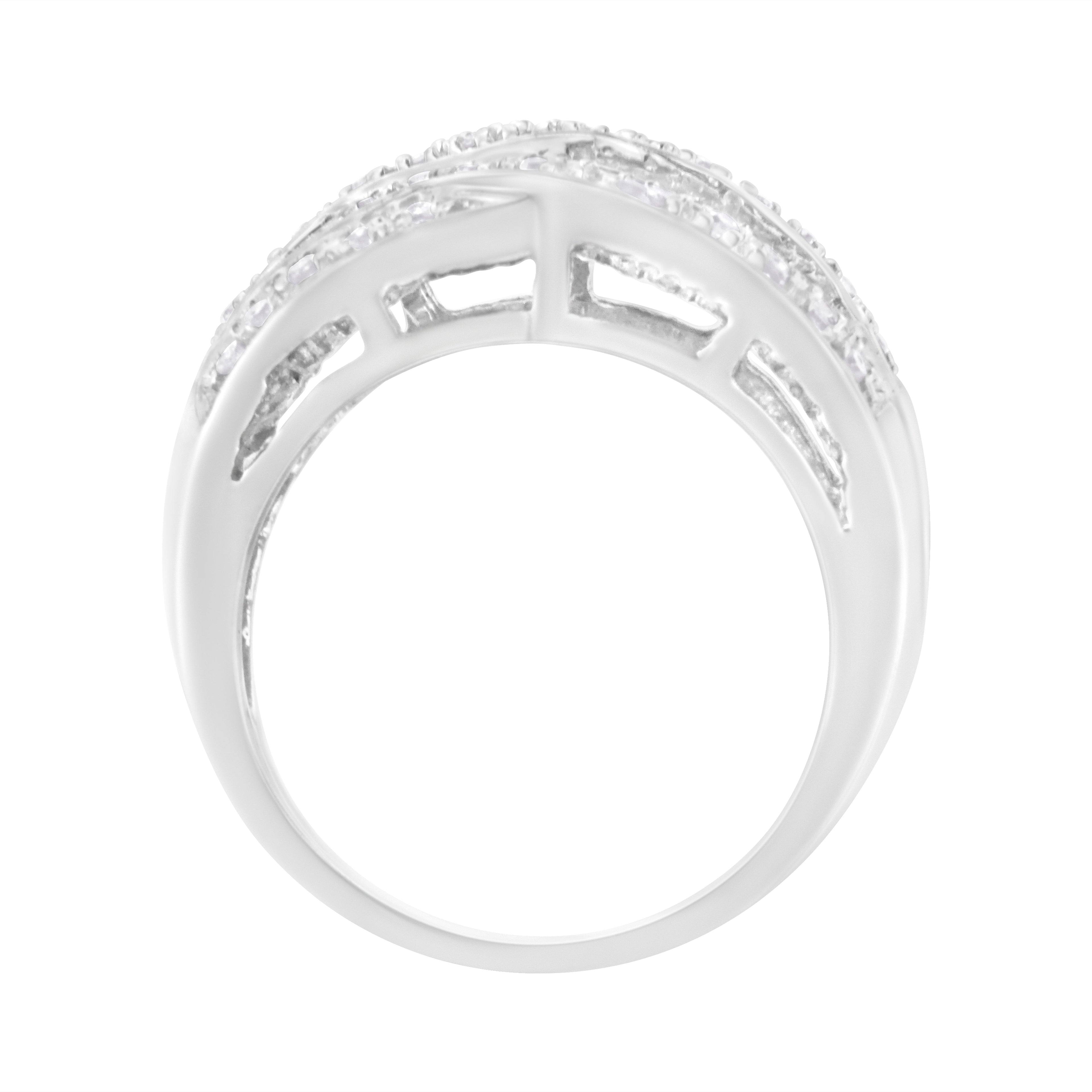 .925 Sterling Silver 1.0 Cttw Channel Set Alternating Round and Baguette Diamond Cross-over Bypass Ring Band (I-J Color, I2-I3 Clarity) - Size 7 by Bids.com