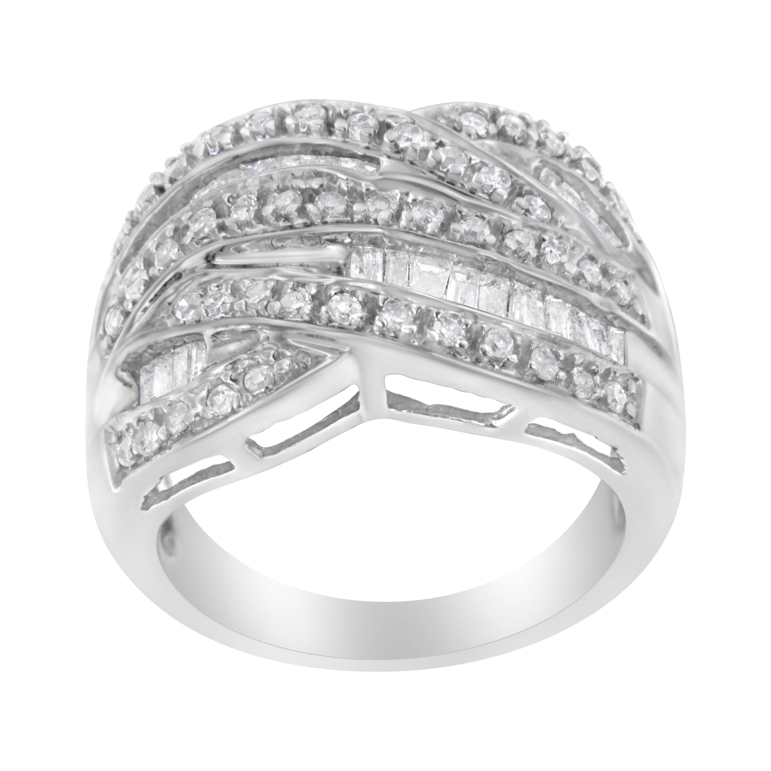 .925 Sterling Silver 1.0 Cttw Channel Set Alternating Round and Baguette Diamond Cross-over Bypass Ring Band (I-J Color, I2-I3 Clarity) - Size 7 by Bids.com