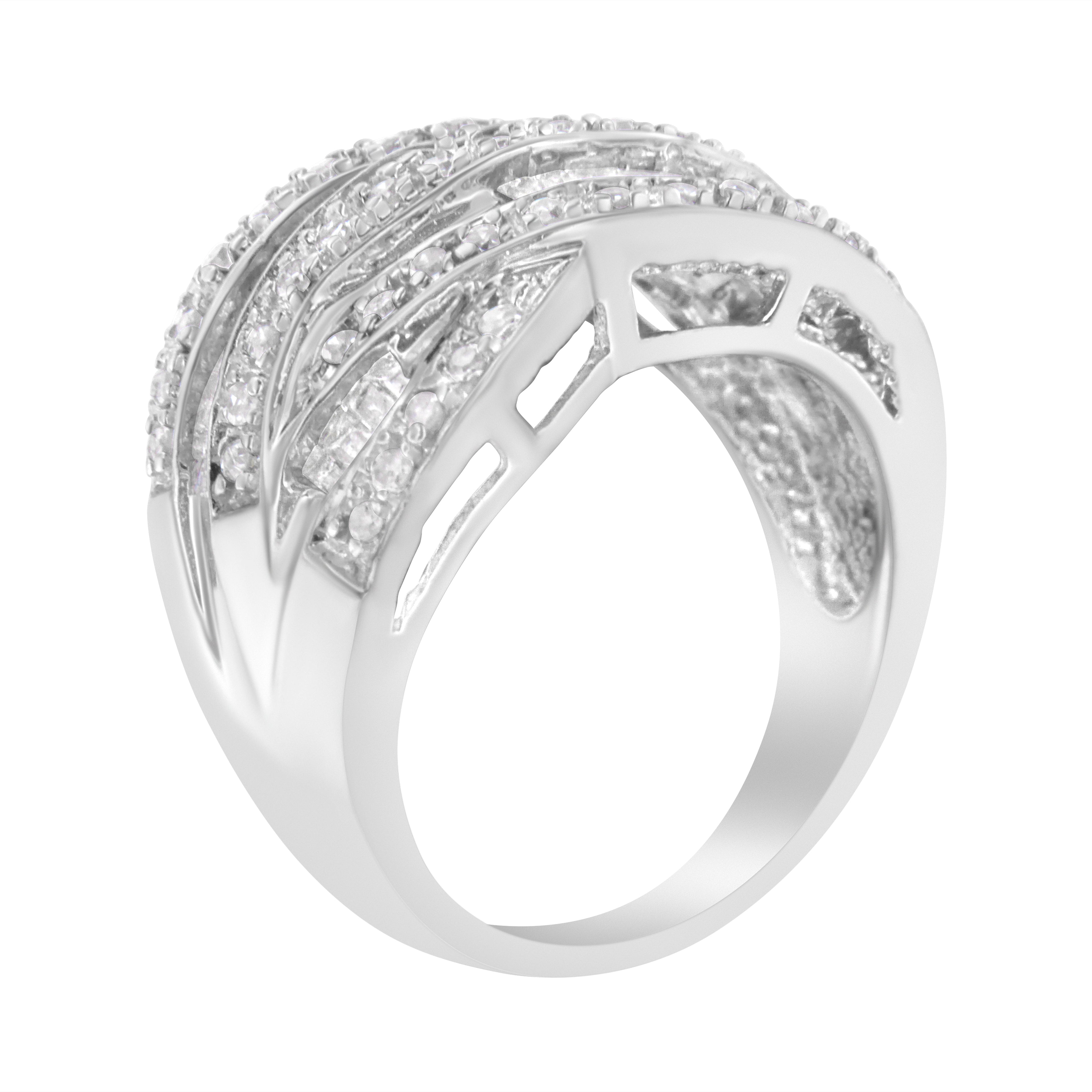 .925 Sterling Silver 1.0 Cttw Channel Set Alternating Round and Baguette Diamond Cross-over Bypass Ring Band (I-J Color, I2-I3 Clarity) - Size 7 by Bids.com