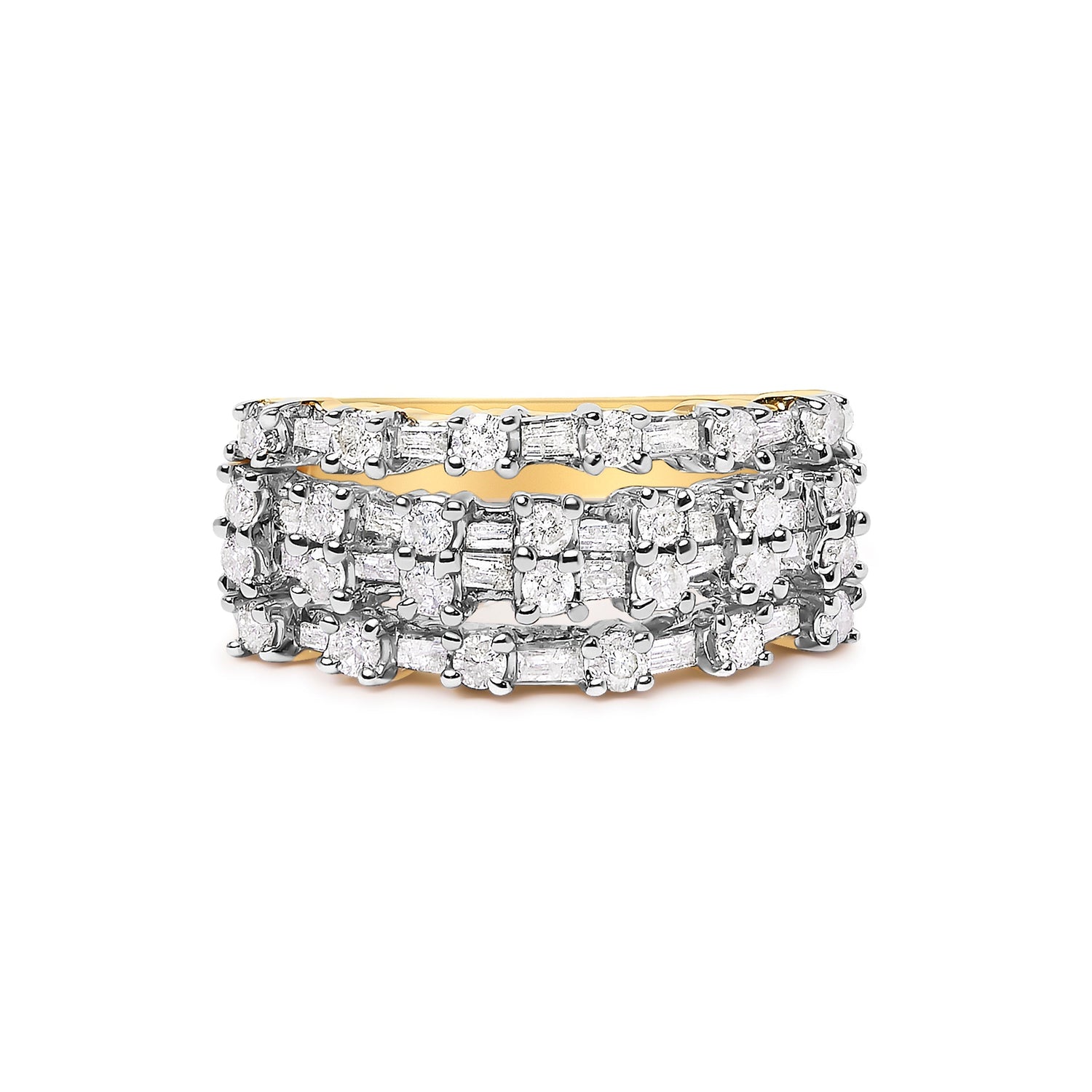14K Yellow Gold 1.0 Cttw Round and Baguette Diamond Multi-Row Band Ring  DestGlow
