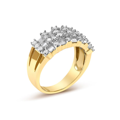 14K Yellow Gold 1.0 Cttw Round and Baguette Diamond Multi-Row Band Ring  DestGlow