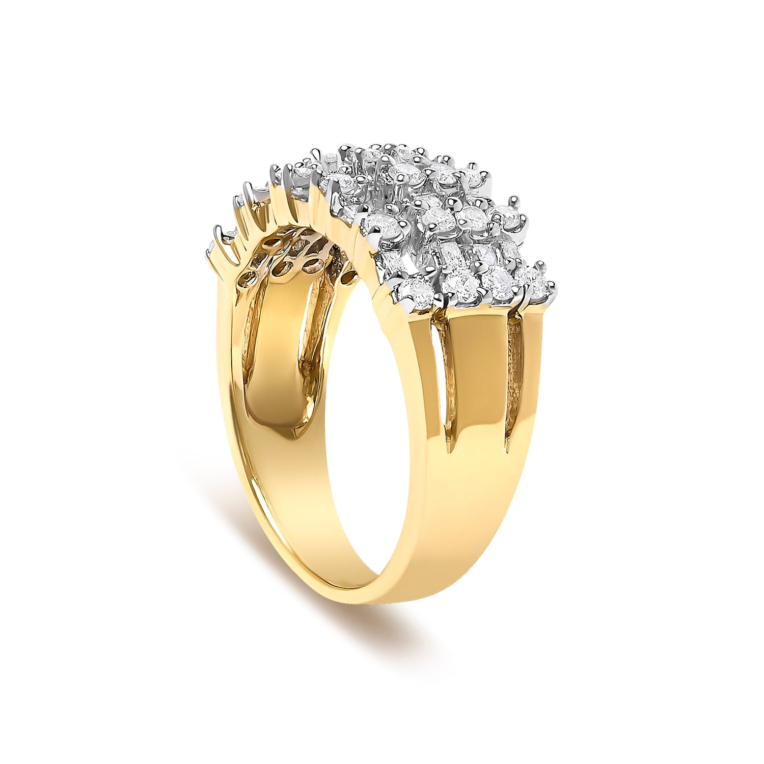14K Yellow Gold 1.0 Cttw Round and Baguette Diamond Multi-Row Band Ring  DestGlow