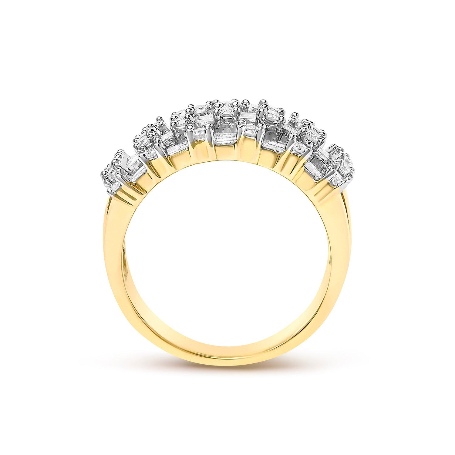 14K Yellow Gold 1.0 Cttw Round and Baguette Diamond Multi-Row Band Ring  DestGlow