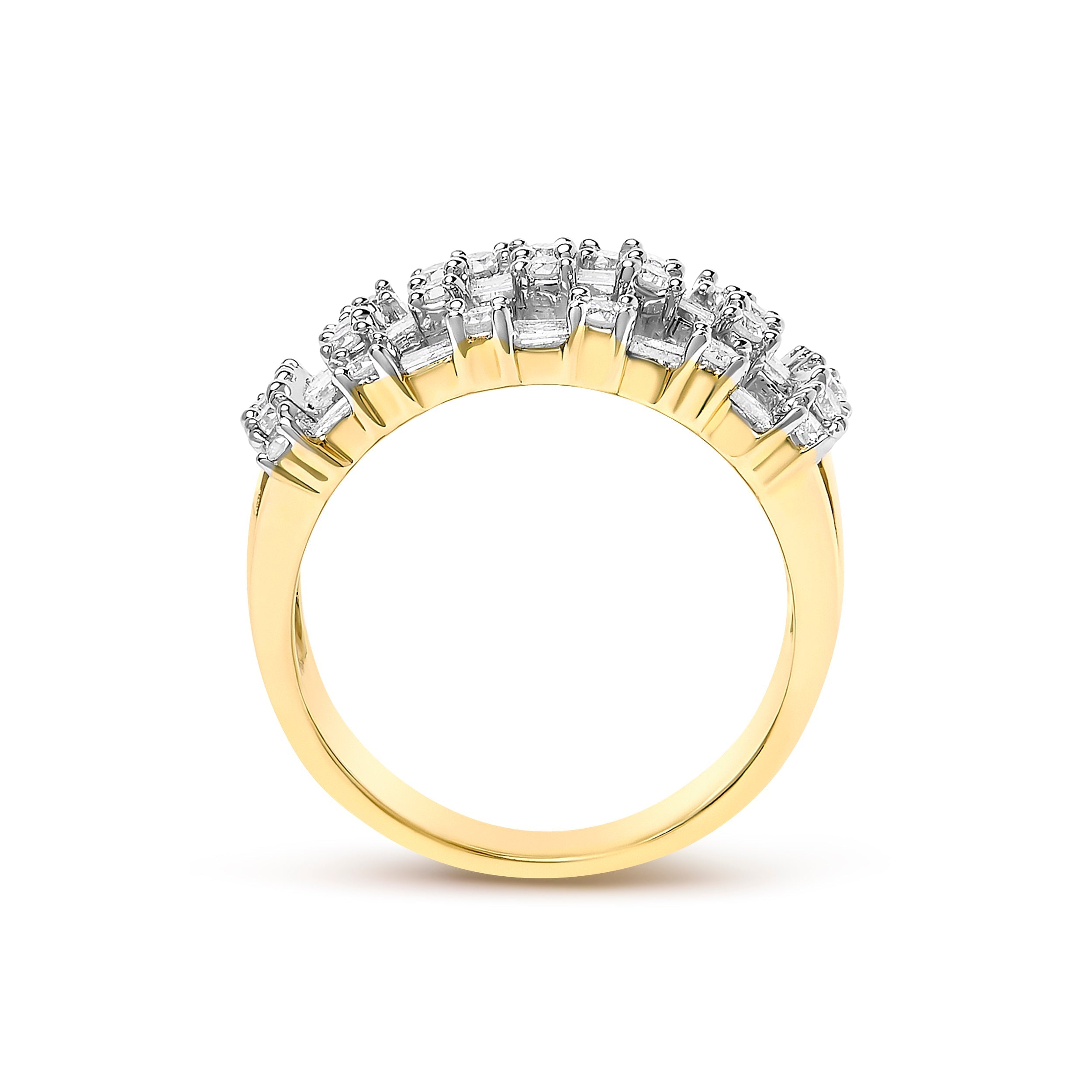 14K Yellow Gold 1.0 Cttw Round and Baguette Diamond Multi-Row Band Ring  DestGlow