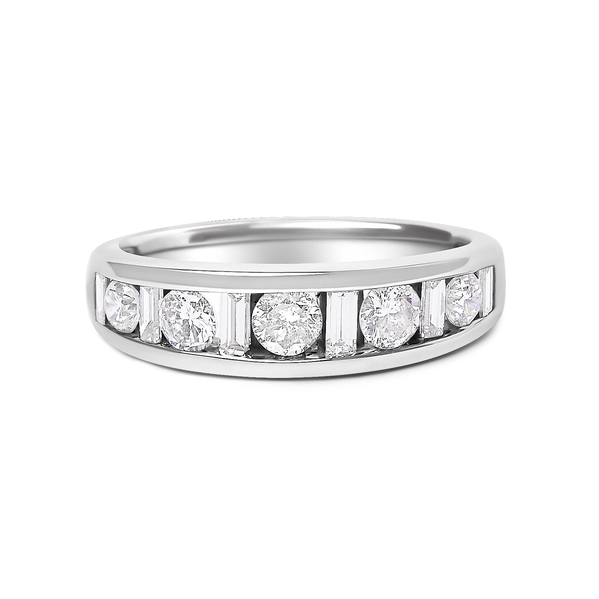 14K White Gold Alternating 1.0 Cttw Round and Baguette Diamond Channel Band Ring by Bids.com