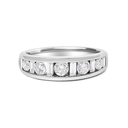 14K White Gold Alternating 1.0 Cttw Round and Baguette Diamond Channel Band Ring by Bids.com
